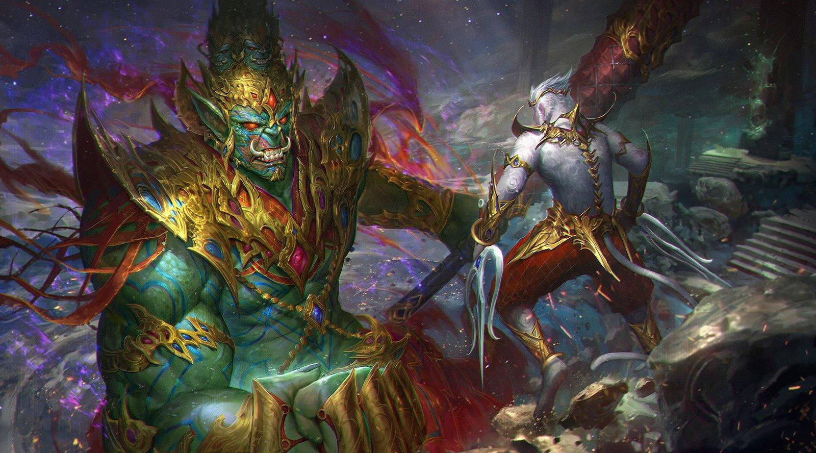 Ravana 桌布 壁紙 — 兩位奇幻戰士在宇宙戰場上碰撞，周圍環繞著旋轉的紫色和紅色能量以及破碎的石頭碎片。