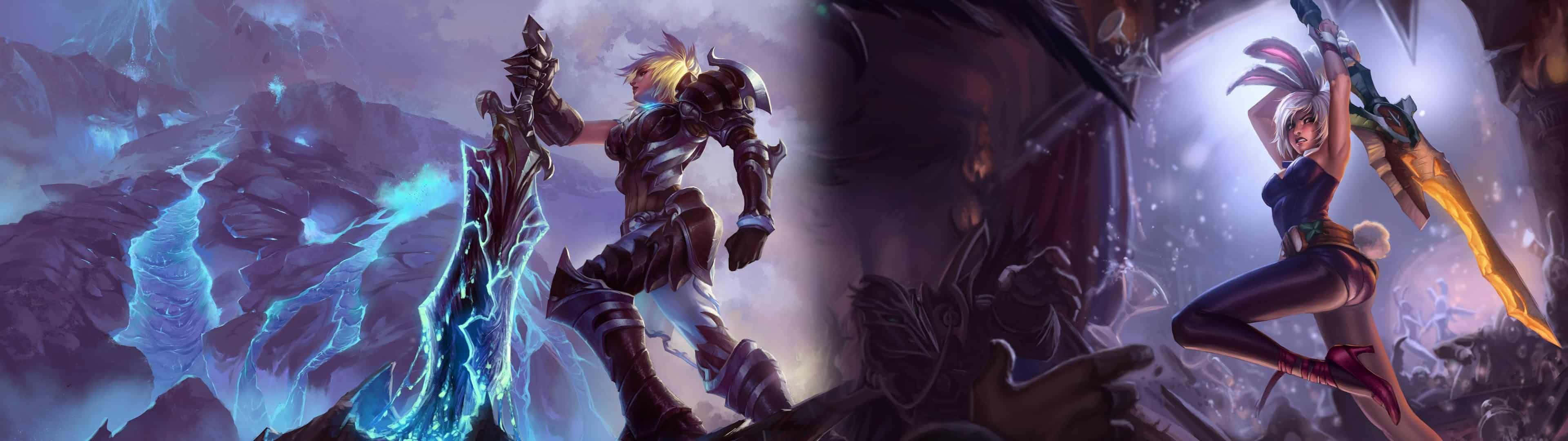 3840x1080 龍珠 桌布 壁紙 — 兩位奇幻戰士在戲劇性的戰鬥場景中碰撞，武器發光，天空風暴。