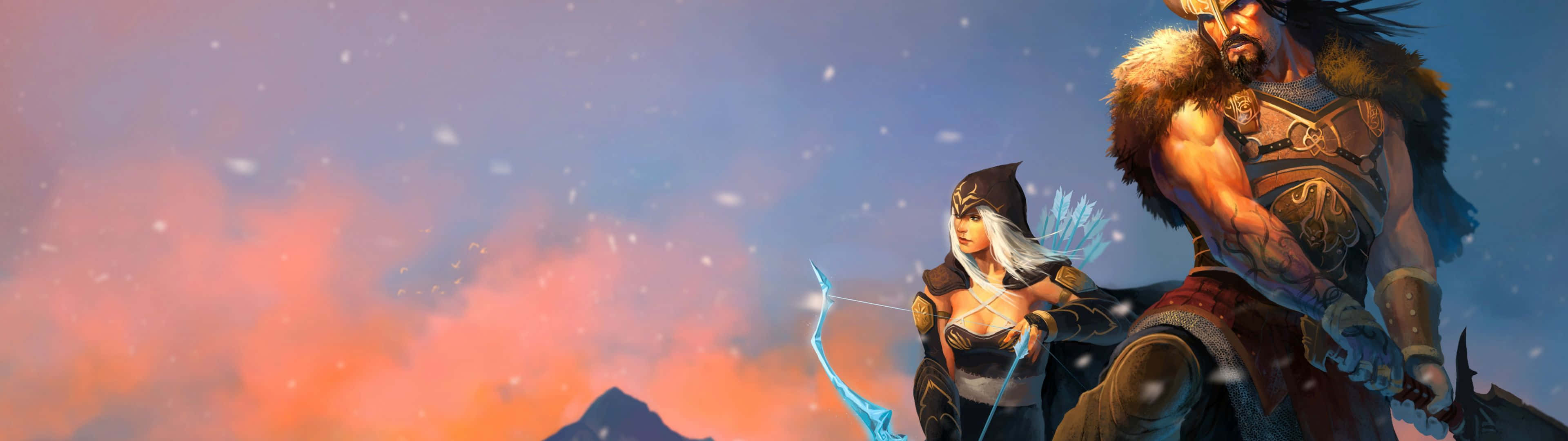 League Of Legends Dual Screen 桌布 壁紙 — 兩位奇幻戰士在熾熱的日落天空下，雪花飄落，擺好姿勢。