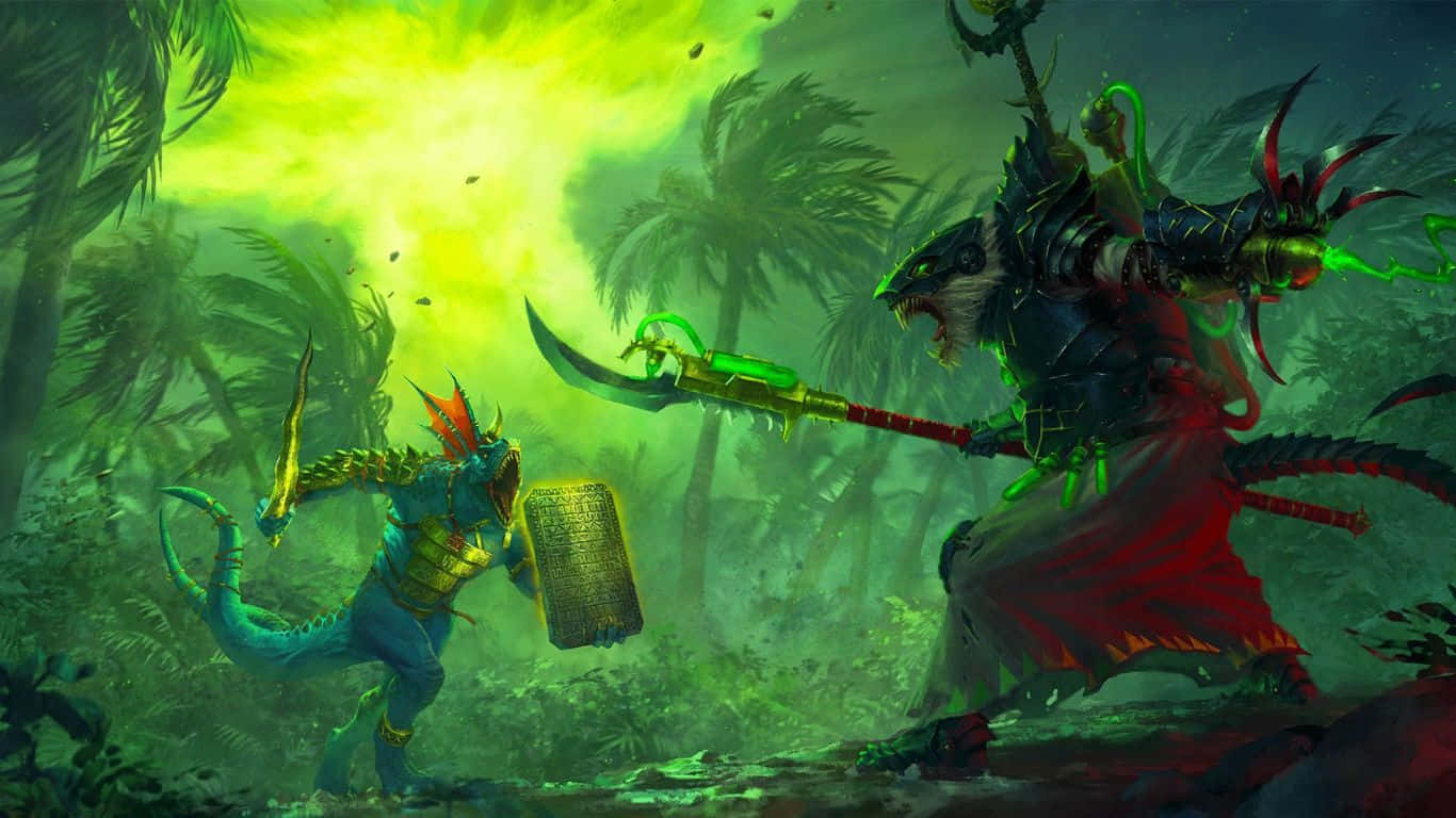 電玩遊戲 桌布 壁紙 — 兩位奇幻戰士在發光的綠色叢林中碰撞，周圍有棕櫚樹和魔法能量。