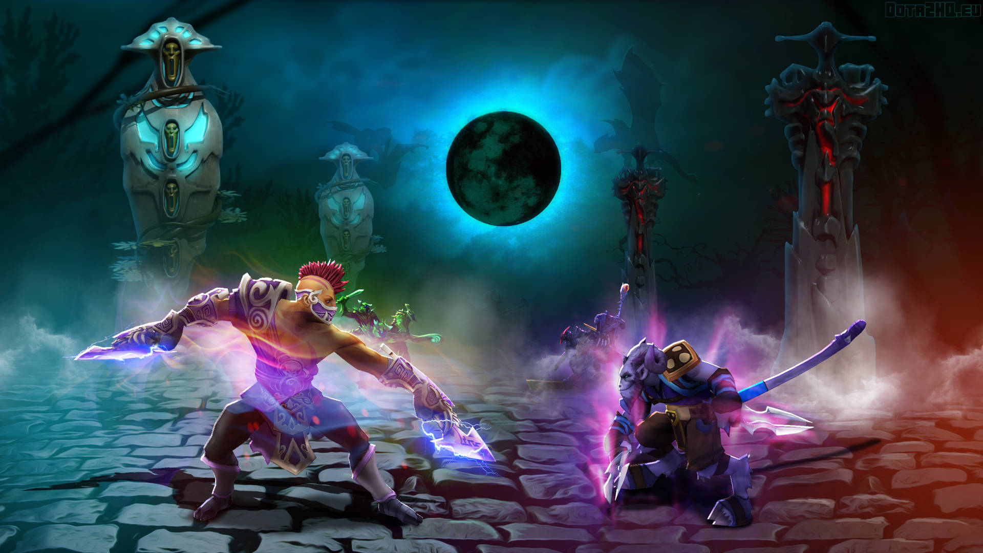 Dota 2 Desktop 桌布 壁紙 — 兩位奇幻戰士在神秘競技場中，於發光的月亮下與古老石柱交鋒。