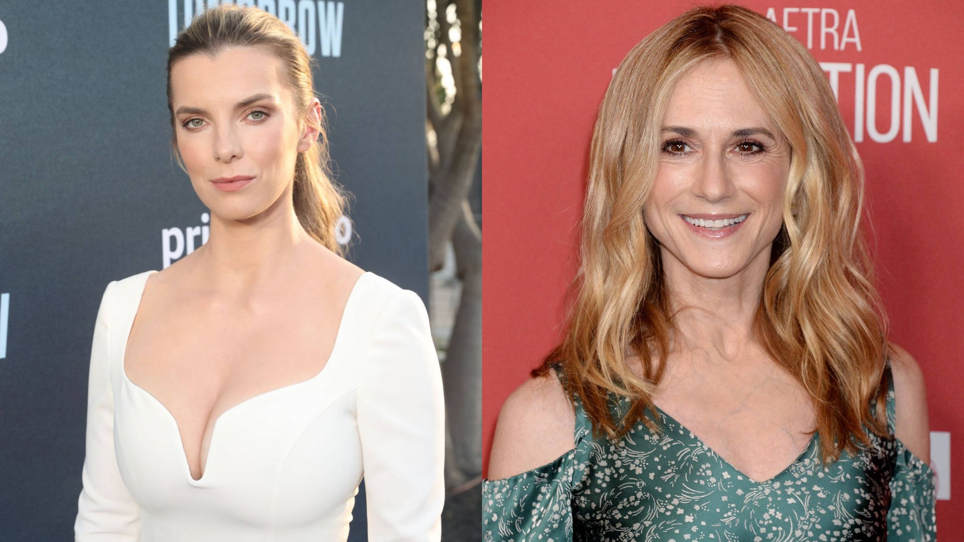 Celebrity 桌布 壁紙 — 兩位女士在活動中擺姿勢，一位身穿白色連衣裙，背景為深色；另一位身穿綠色花卉連衣裙，背景為紅色。