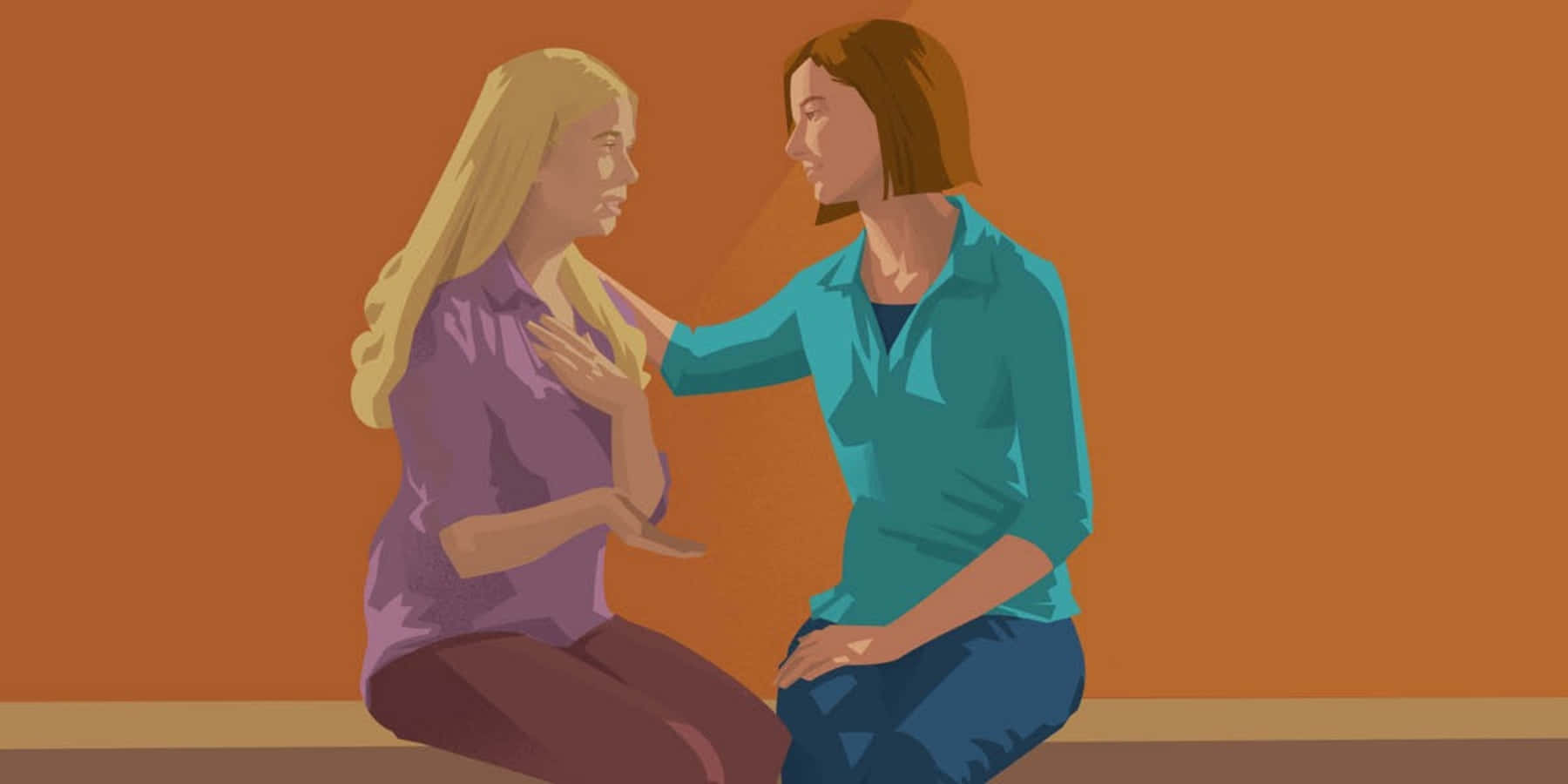 Forgiving 桌布 壁紙 — 兩位女士在溫暖的橙色房間中，以溫柔的動作和柔和的表情分享一個安慰的時刻。