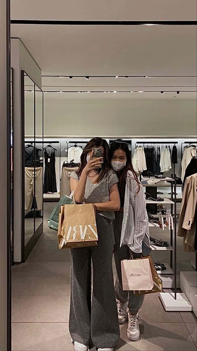 Shopping 桌布 壁紙 — 兩位女士在現代服裝店的鏡子前自拍，手持ZARA購物袋。