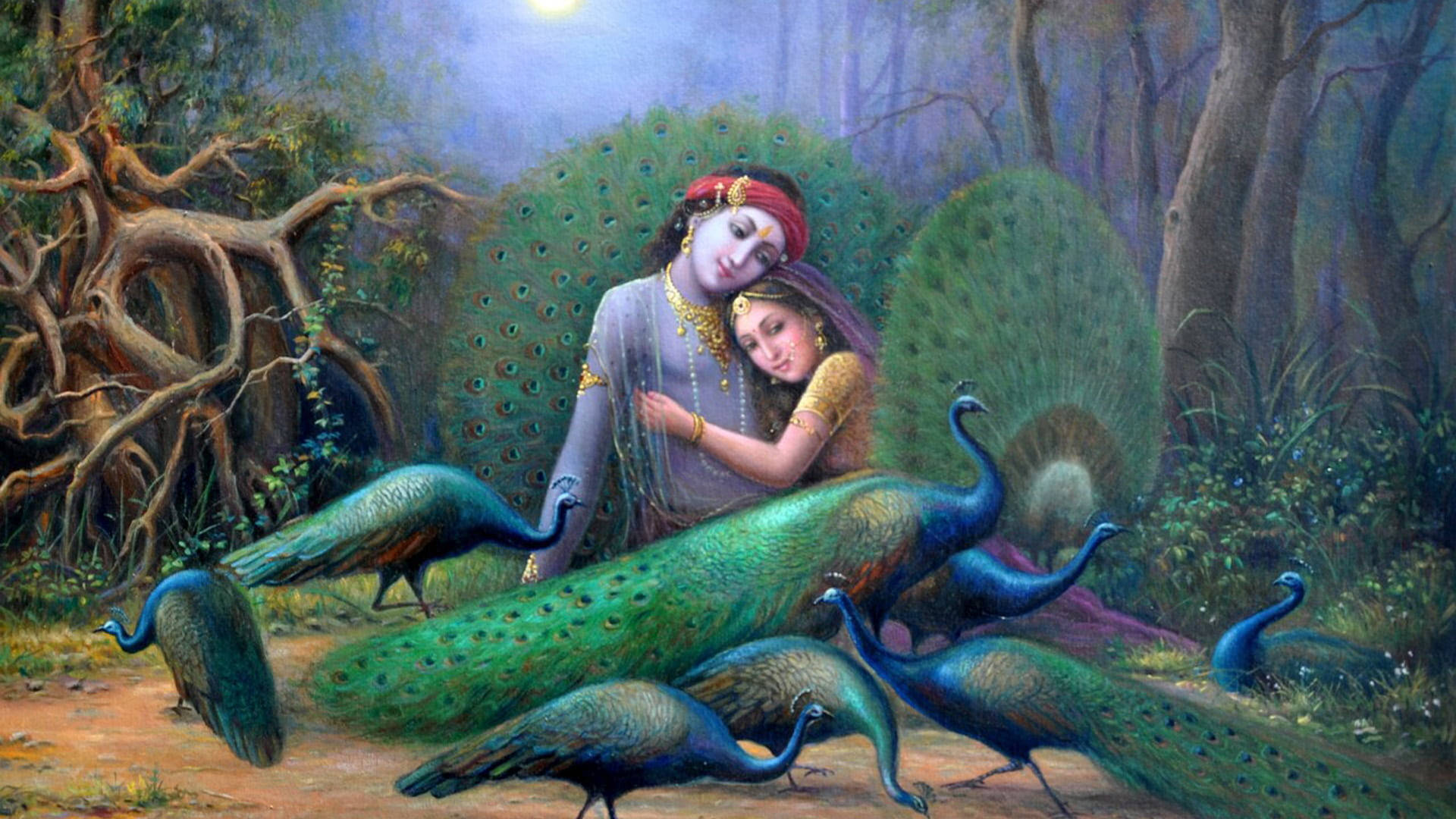 krishna 3d 桌布 壁紙 — 兩位女士在神秘森林中擁抱，周圍是色彩鮮豔的孔雀，月光閃耀。