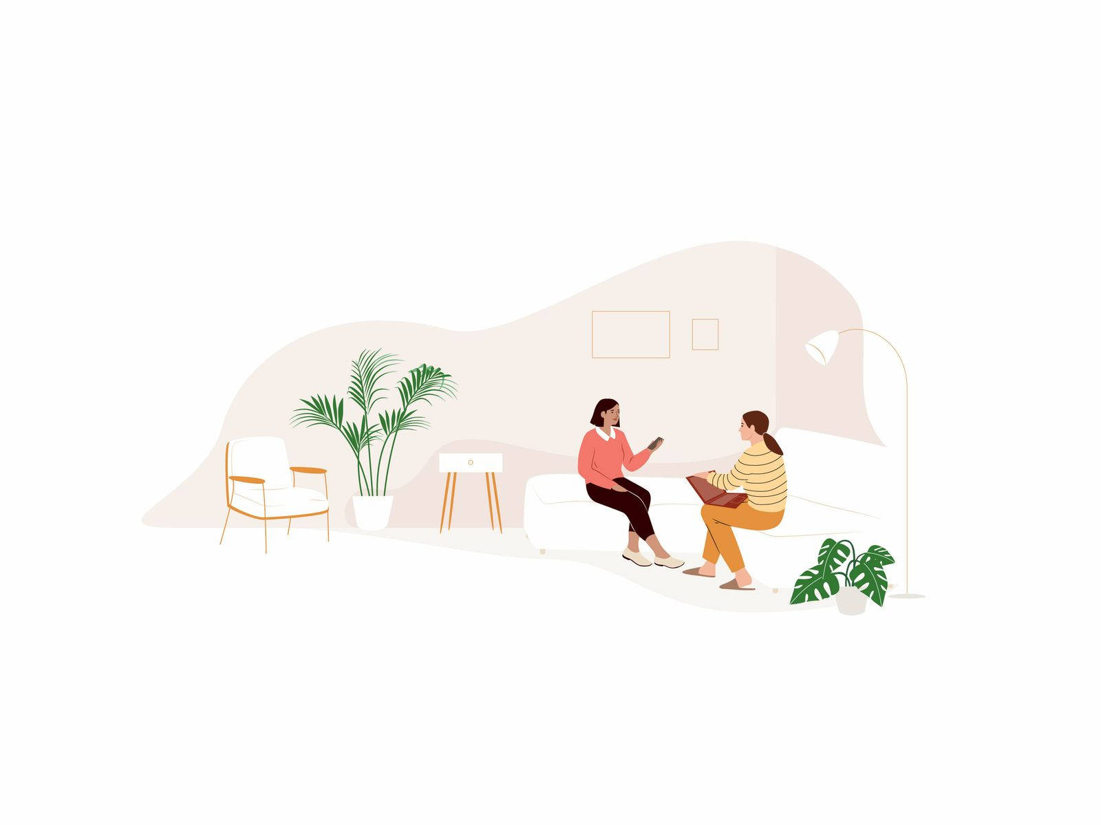 Teamwork 桌布 壁紙 — 兩位女士在簡約風格的客廳中，坐在沙發上聊天，周圍有盆栽植物和柔和燈光。