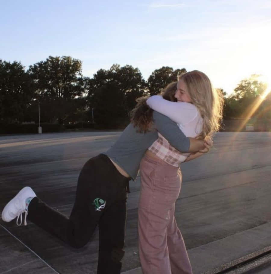 Hug 桌布 壁紙 — 兩位女士在陽光普照的停車場熱情擁抱，背後金色光芒閃爍。