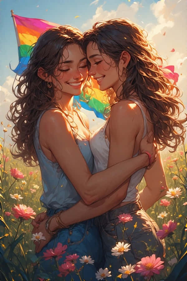 Lgbtq 桌布 壁紙 — 兩位女士在陽光普照的粉紅和白色花田中熱情擁抱，身後飄揚著彩虹旗。