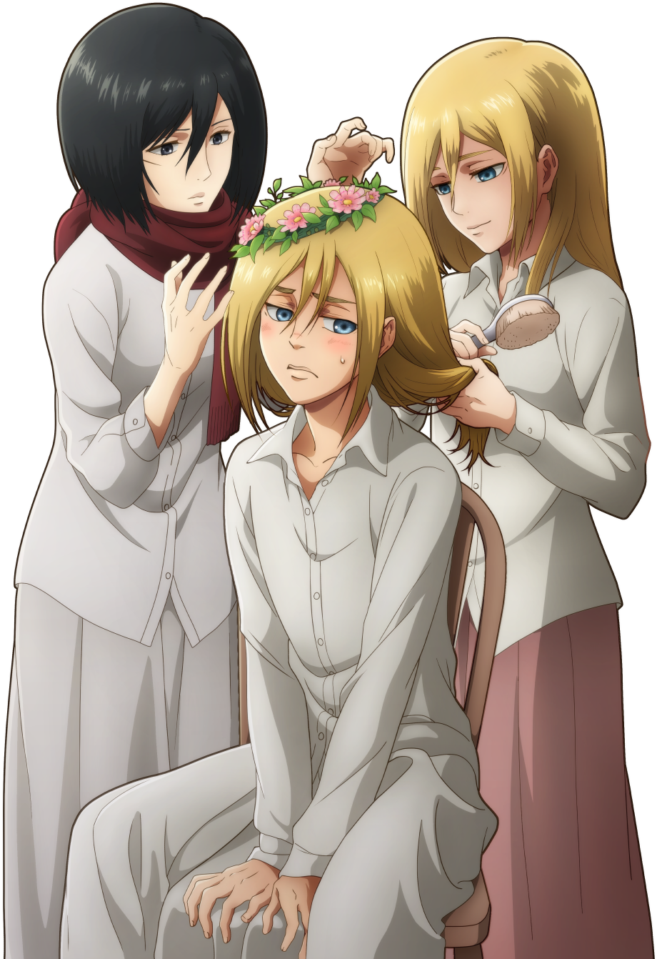 Mikasa Ackerman 桌布 壁紙 — 兩位女士正在為一位金髮女士輕輕梳理頭髮，並戴上粉紅色花冠，而她則平靜地坐在椅子上。