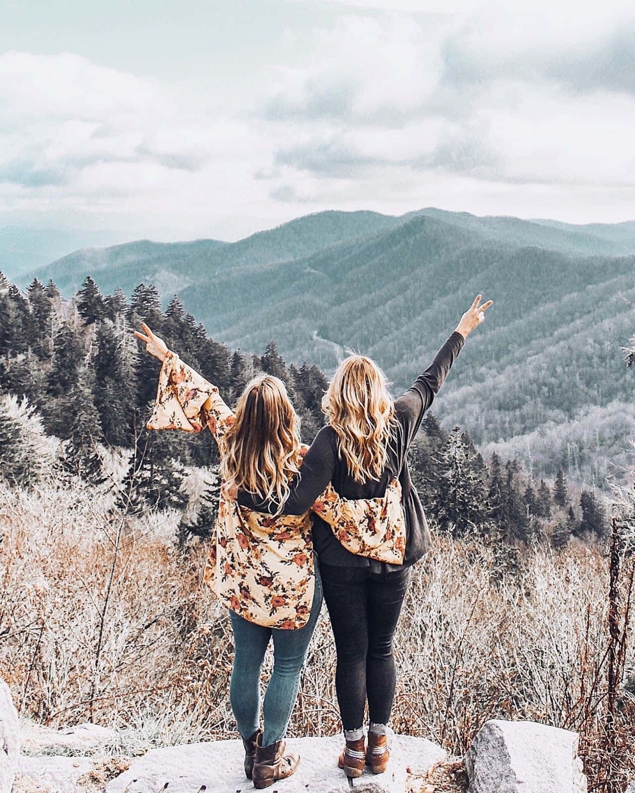 Friends 桌布 壁紙 — 兩位女士舉起手臂做出和平手勢，背對背站在白雪覆蓋的山頂觀景點，凝視著多雲天空下廣闊的森林山谷。