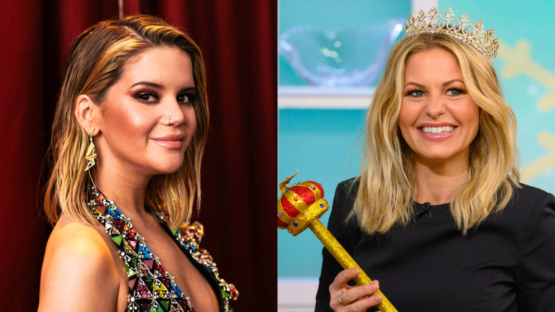 candace cameron bure 桌布 壁紙 — 兩位女性，一位身穿色彩繽紛的珠寶禮服，背景是紅色窗簾，另一位微笑著戴著皇冠並手持金色權杖。