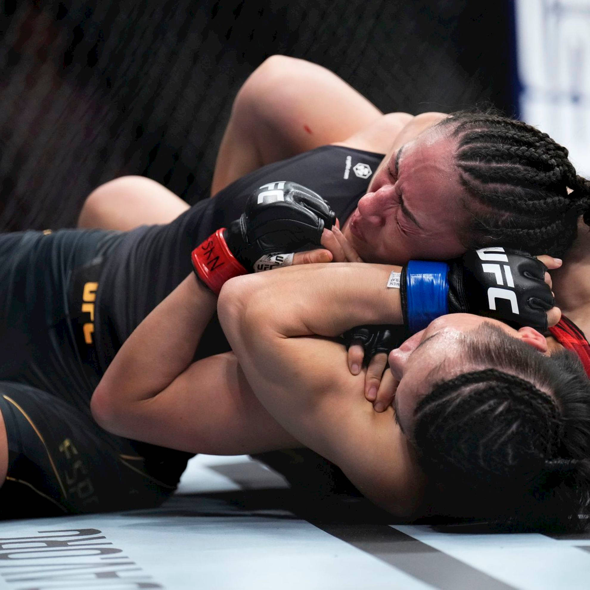 Athletic 桌布 壁紙 — 兩位女性MMA拳手在UFC八角籠地墊上進行激烈的纏鬥。