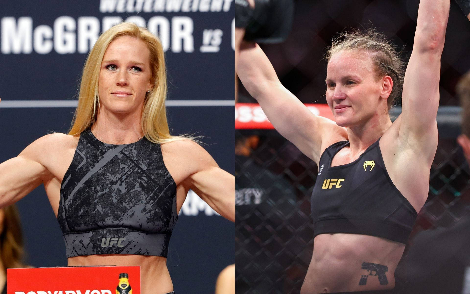 MMA 桌布 壁紙 — 兩位女性UFC拳手，一位在稱重時蓄勢待發，另一位在八角籠中高舉雙臂慶祝勝利。