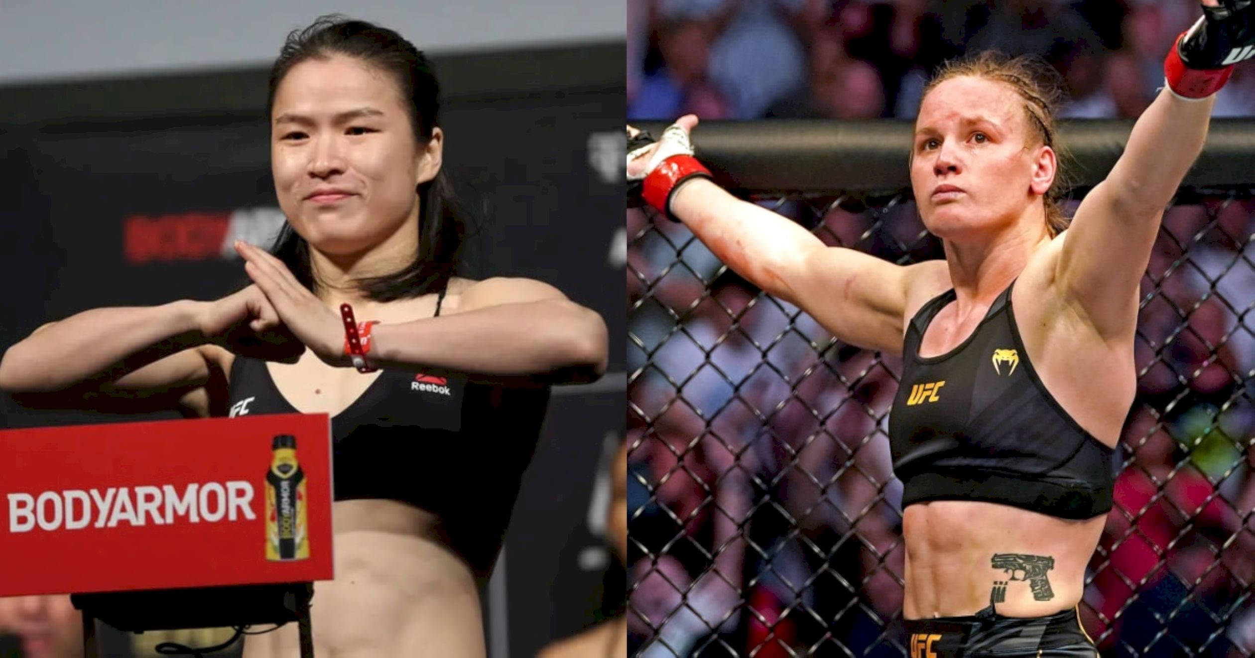Athletic 桌布 壁紙 — 兩位女性UFC拳手，一位在稱重時自信擺姿勢，另一位在八角籠內慶祝勝利。