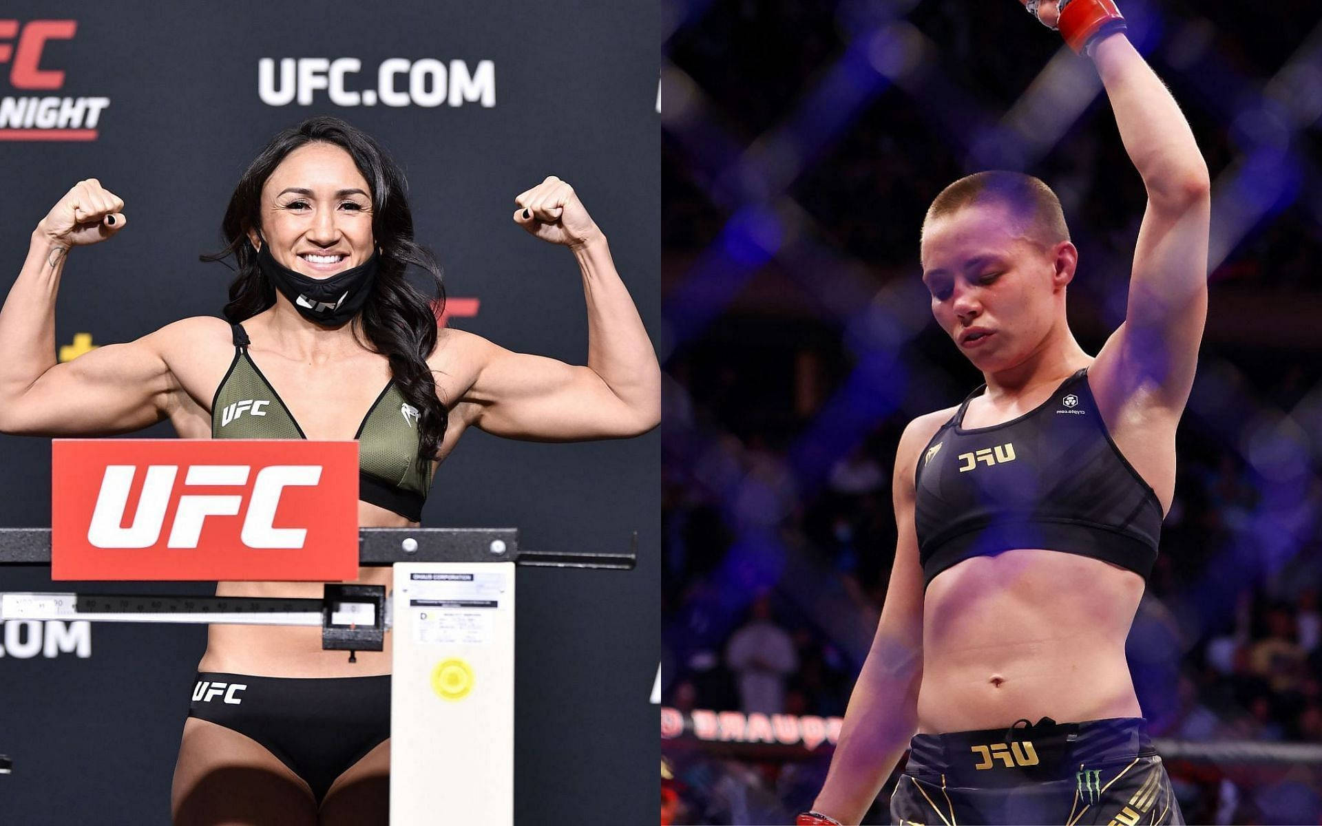 MMA 桌布 壁紙 — 兩位女性UFC拳手，一位在稱重時自信地展示肌肉，另一位在八角籠內舉起手臂慶祝勝利。