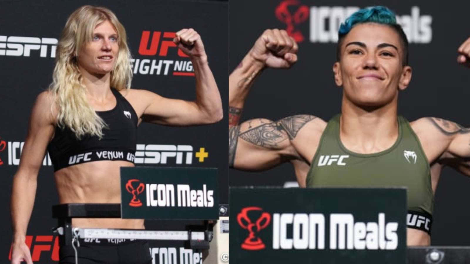 桌布 壁紙 — 兩位女性UFC拳手在ESPN和ICON Meals品牌的稱重活動中展示肌肉。