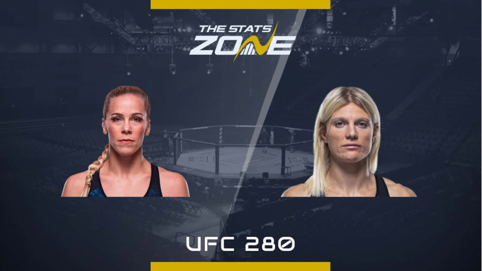 桌布 壁紙 — 兩位女性UFC拳手在UFC 280的宣傳圖像中對峙，背景為黑暗的競技場。