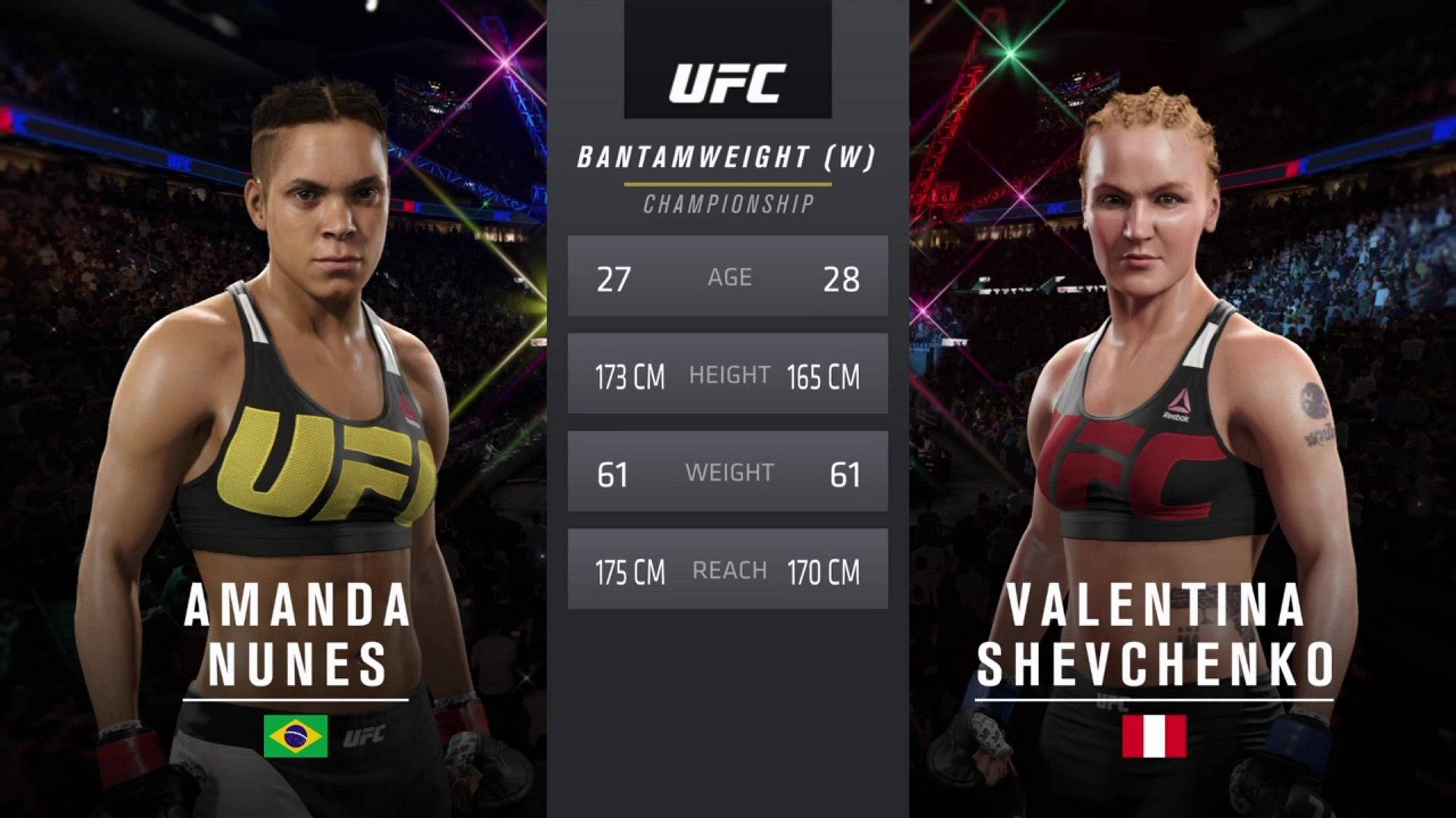 valentina 桌布 壁紙 — 兩位女性UFC拳手在場館燈光下對決，中間顯示統計數據的冠軍賽。