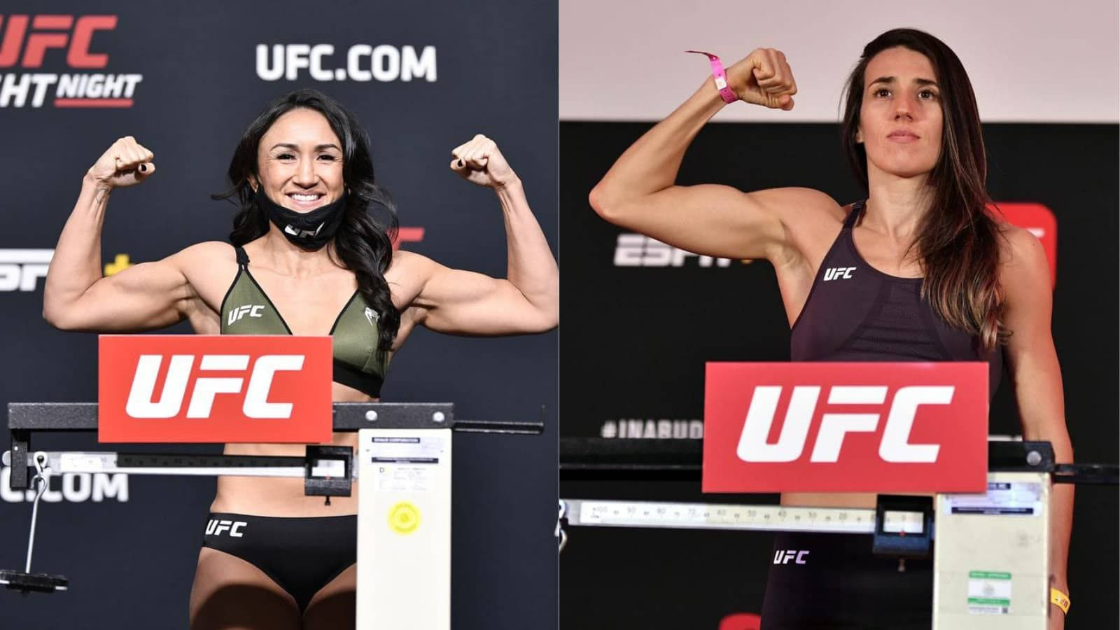 MMA 桌布 壁紙 — 兩位女性UFC拳手在稱重時展示肌肉，背景有UFC標誌和黑色背景。