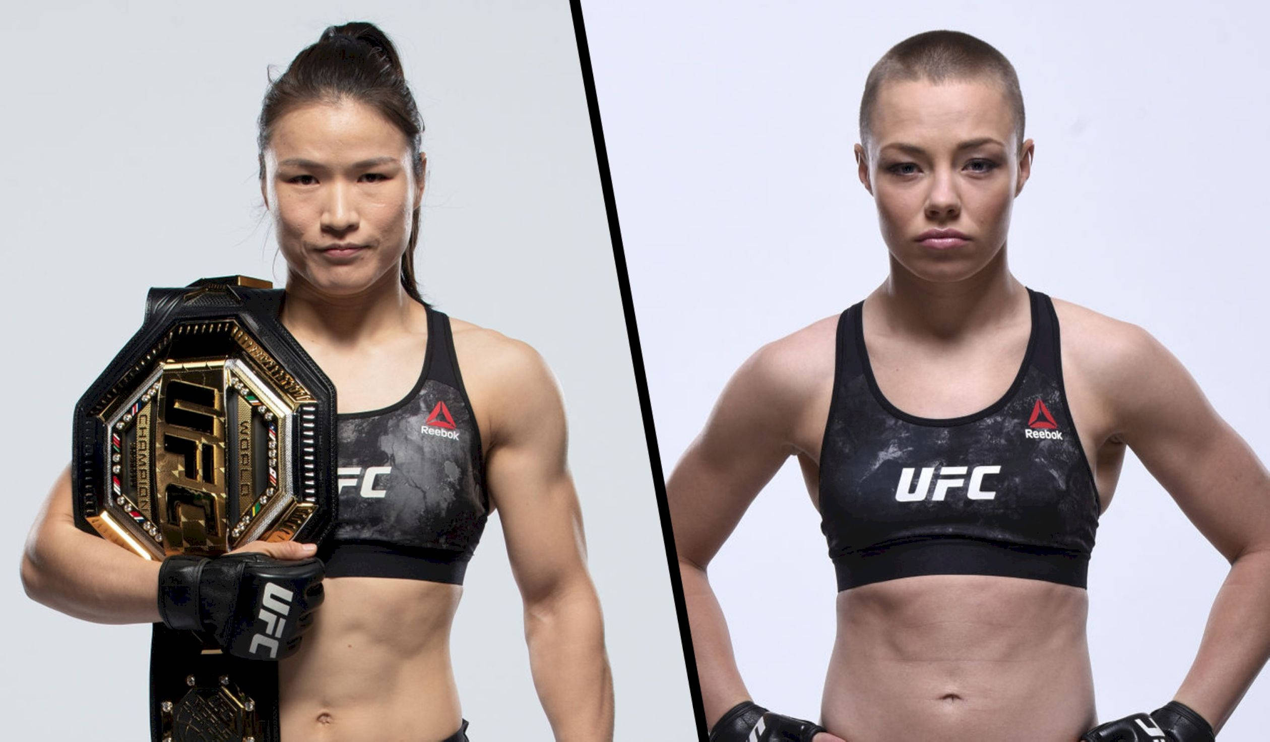 Athletic 桌布 壁紙 — 兩位女性UFC拳手在純白背景前擺出強烈姿勢，其中一人手持冠軍腰帶。