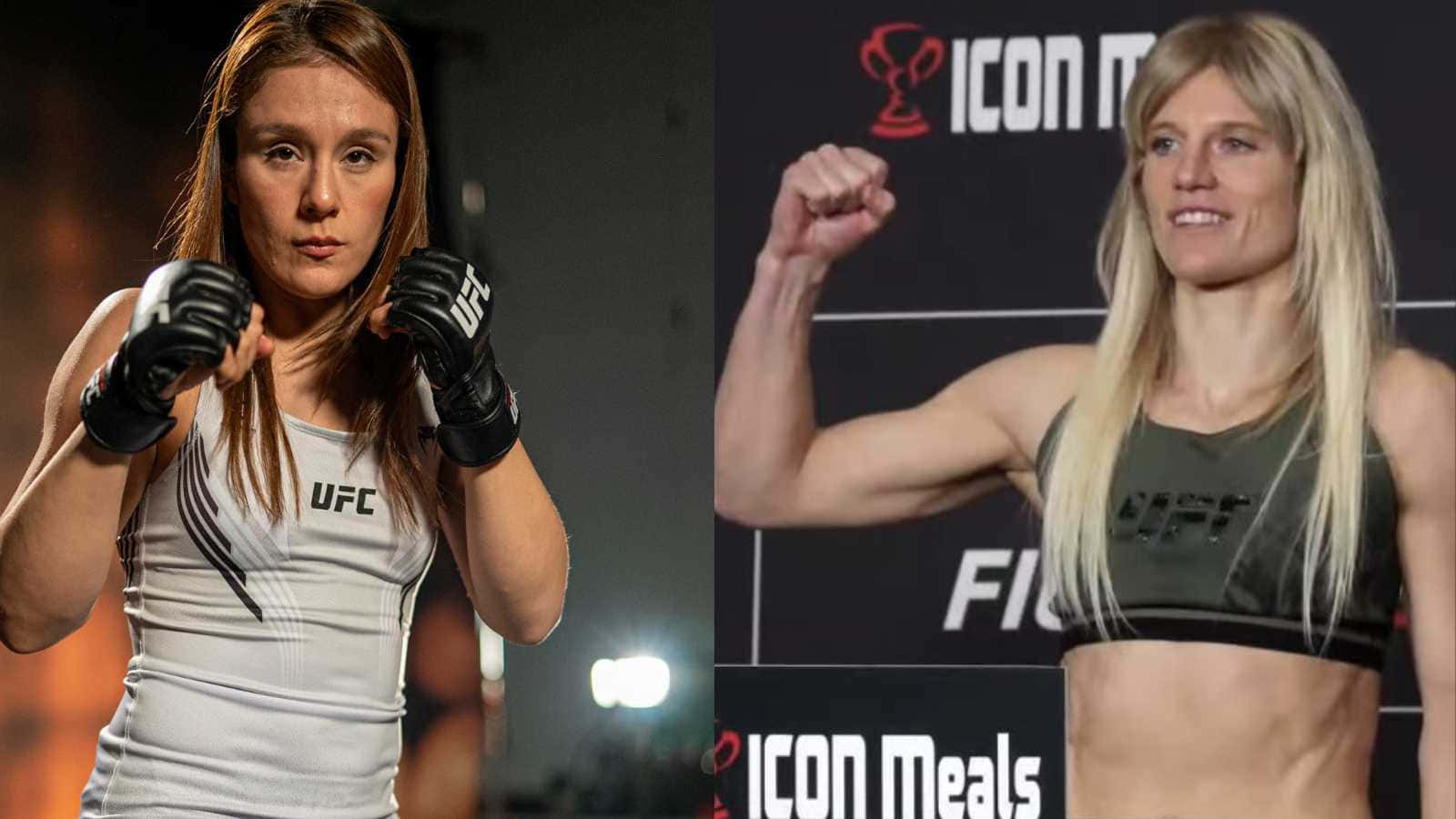 桌布 壁紙 — 兩位女性UFC拳手自信地擺出格鬥裝備姿勢，一位身穿白色上衣戴手套，另一位身穿綠色上衣繃緊肌肉，背景有品牌標誌。