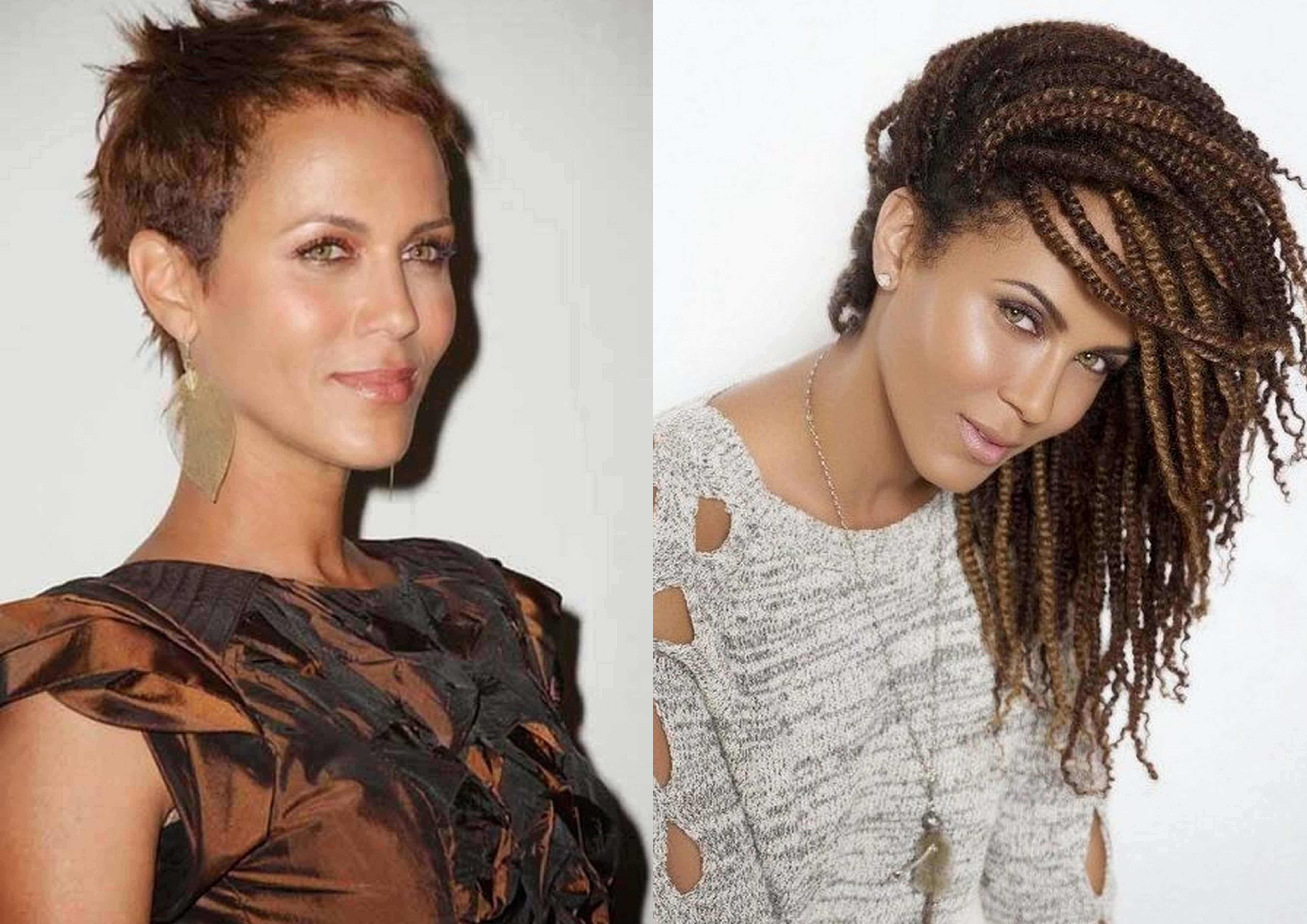 Nicole Ari Parker 桌布 壁紙 — 兩位女性以不同的髮型在白色背景前擺姿勢：一位短髮有紋理，另一位長髮辮子。