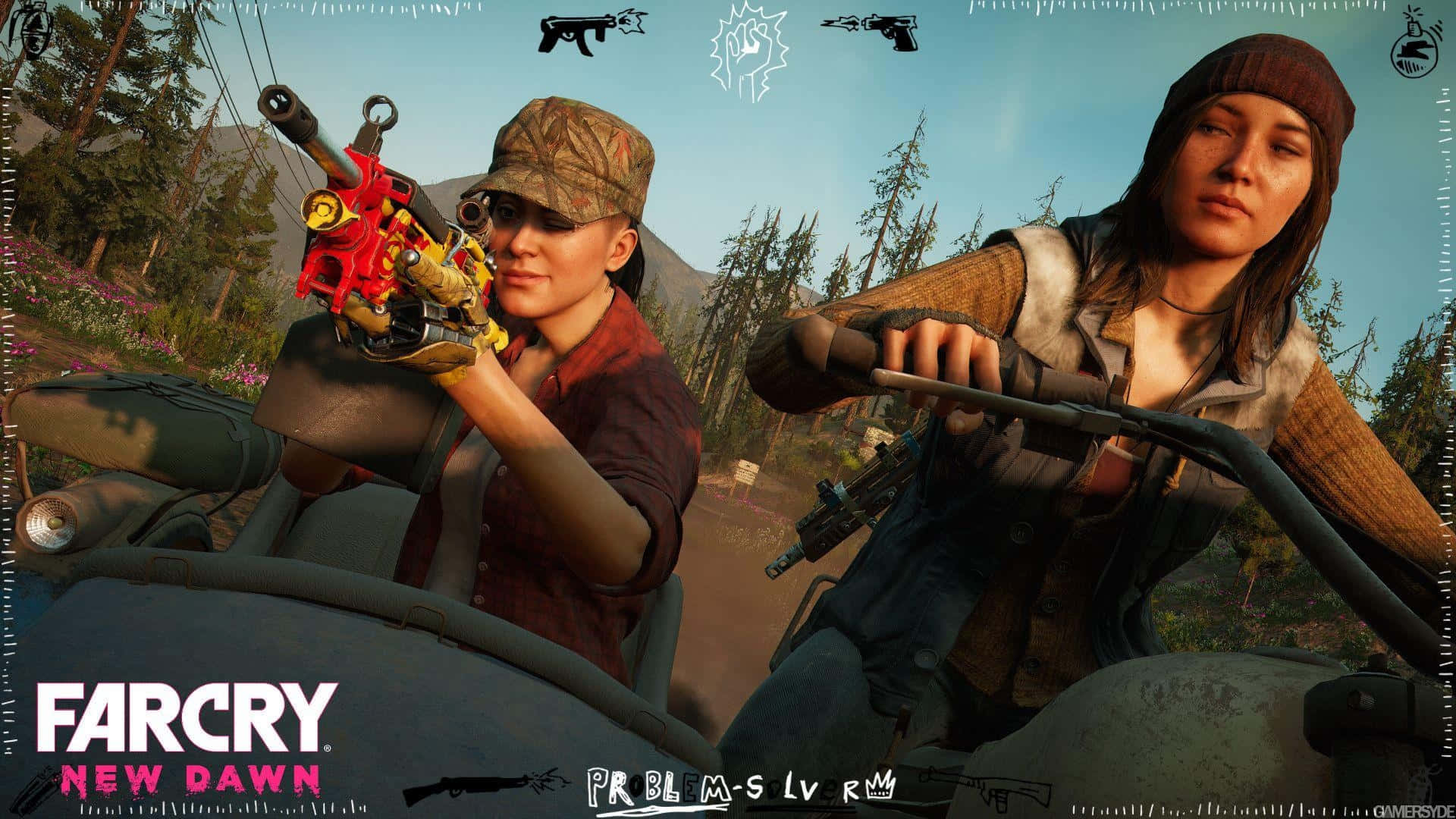 1920x1080 Far Cry New Dawn 桌布 壁紙 — 兩位女性在電玩遊戲場景中騎摩托車穿過森林覆蓋的山地景觀。