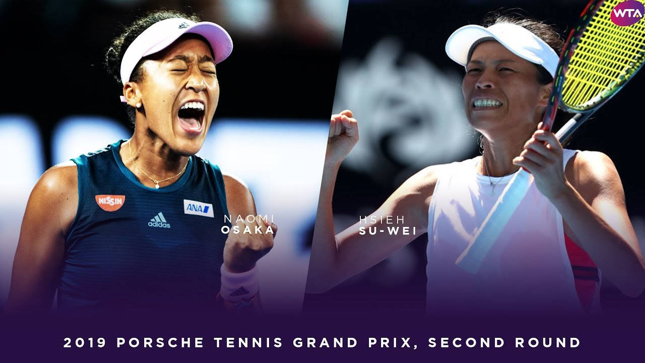 網球 桌布 壁紙 — 兩位女網球選手在2019年保時捷網球大獎賽中，在明亮的體育場燈光下激烈慶祝。