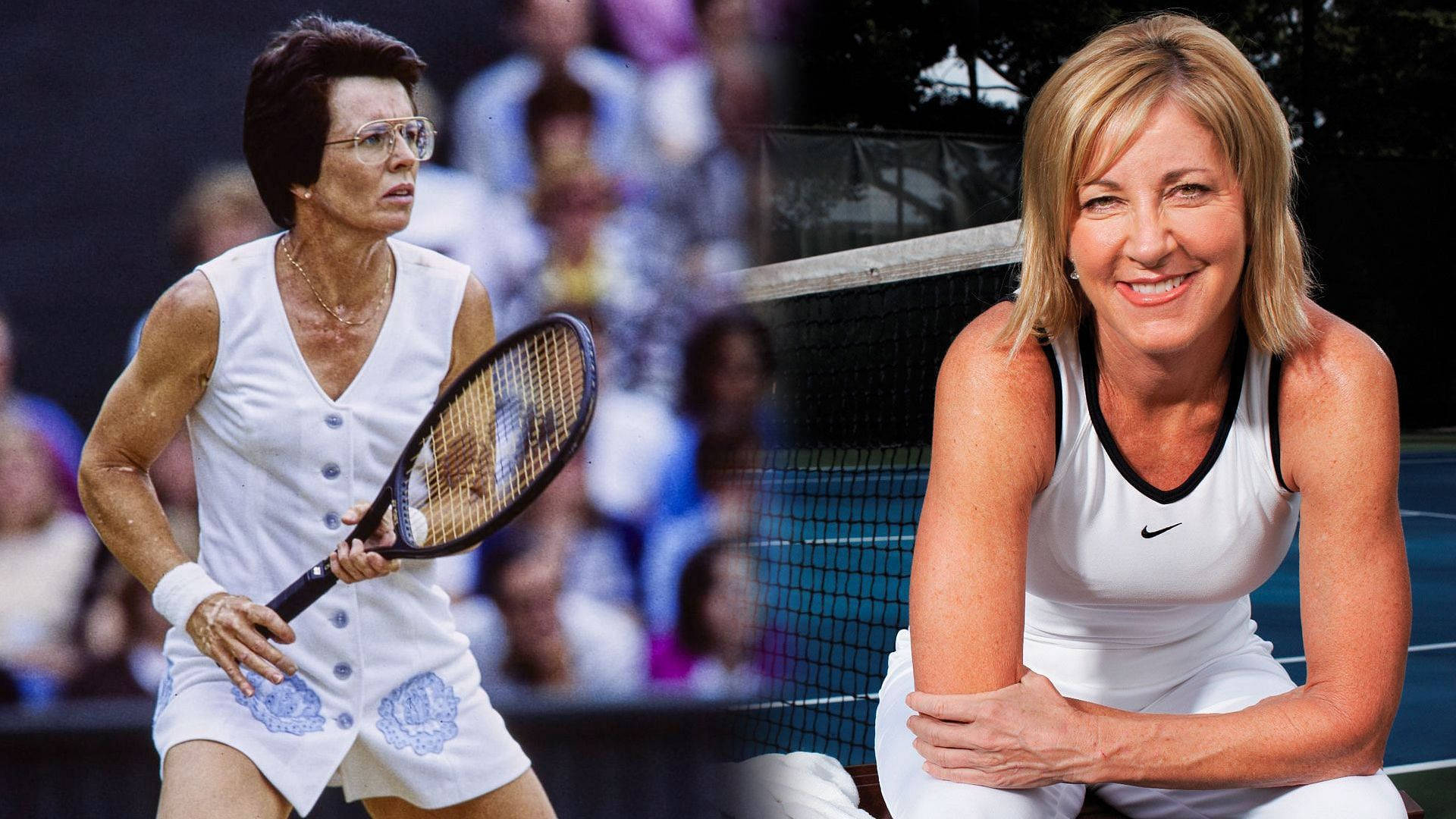 Tennis 桌布 壁紙 — 兩位女網球選手的分割圖片，一位正在揮拍動作中，另一位微笑坐在球場上。