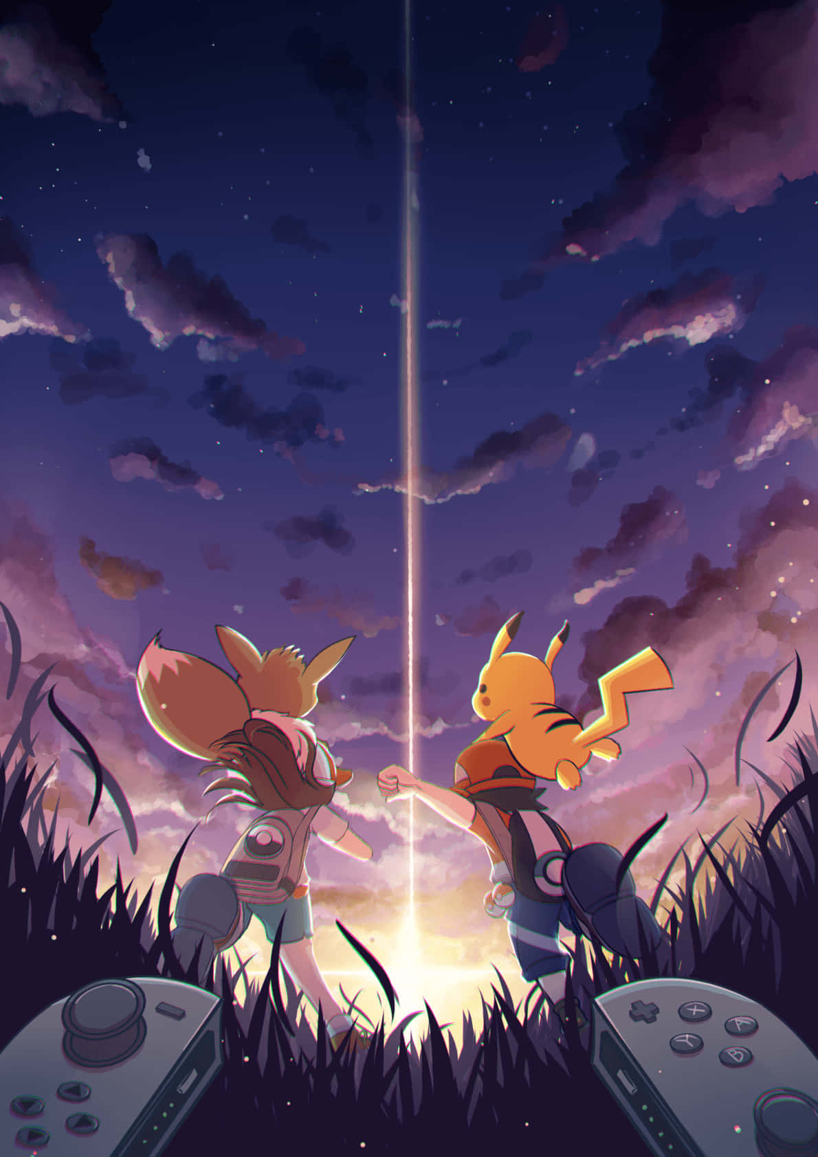 Cute Pikachu And Eevee 桌布 壁紙 — 兩位寶可夢訓練家與他們的夥伴站在高高的草叢中，在星光燦爛的暮色天空下牽著手，一道明亮的光束從下方升起。