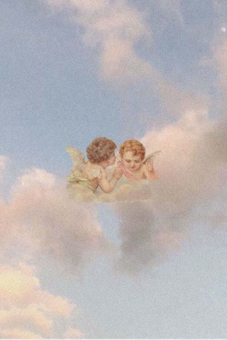 Angel Aesthetic Clouds 桌布 壁紙 — 兩位小天使帶著精緻的翅膀，在寧靜的天空中柔和的粉彩雲朵上分享溫柔的時刻。