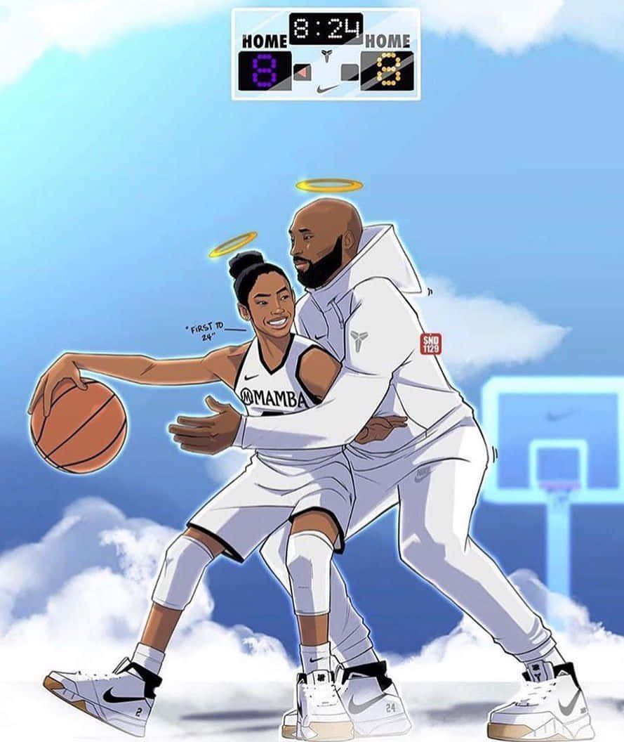 Kobe And Gigi 桌布 壁紙 — 兩位帶有光環的籃球運動員在天堂打球，記分板顯示8比9。
