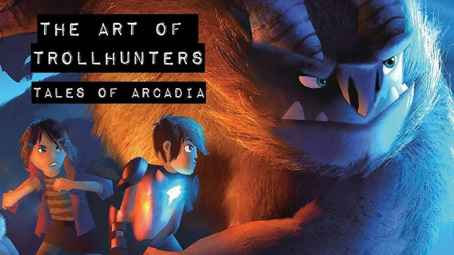 trollhunters tales of arcadia 桌布 壁紙 — 兩位年輕冒險家在一個戲劇性的動畫場景中，面對一個高聳的威脅性巨魔，場景帶有藍色和橙色燈光。