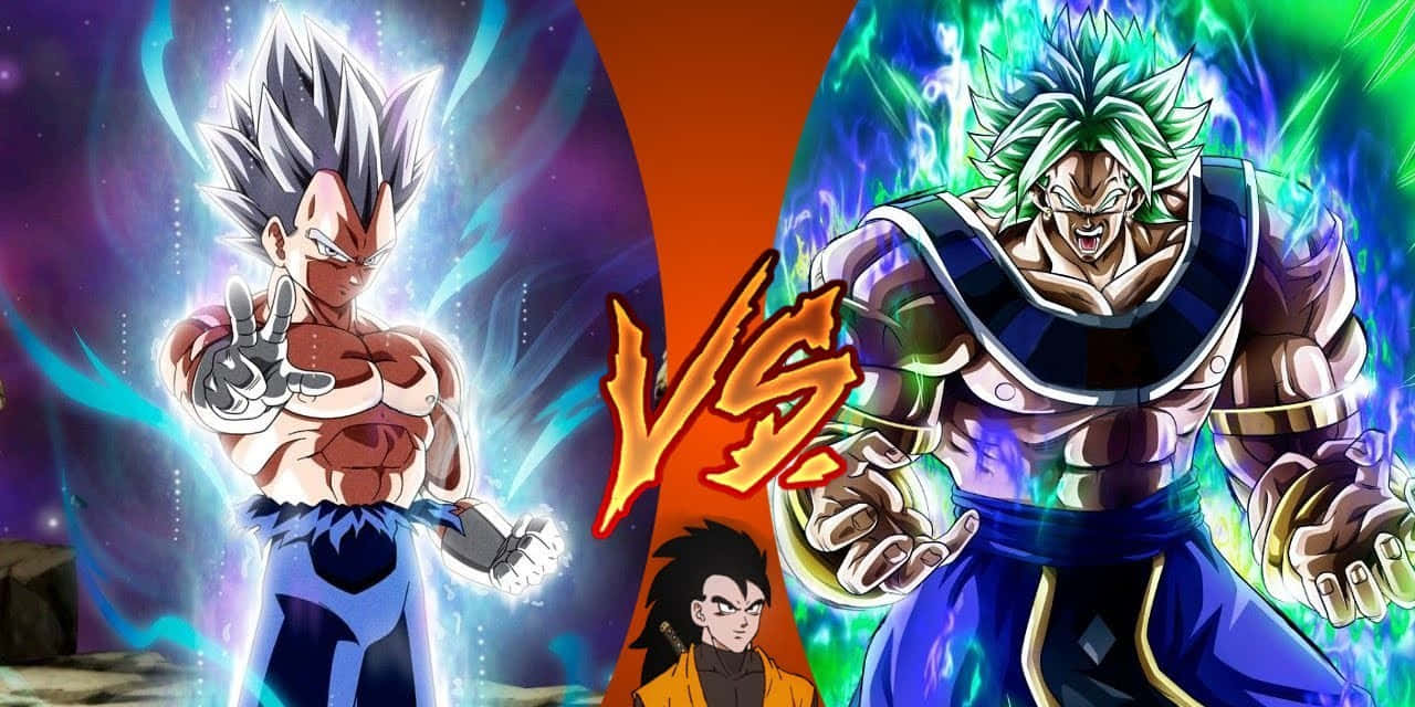Vegeta And Broly 桌布 壁紙 — 兩位強大的動漫戰士在宇宙級戰鬥中對峙，散發著發光的能量和戲劇性的燈光。