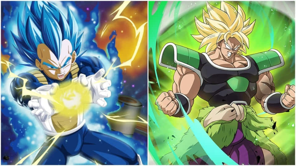 Vegeta And Broly 桌布 壁紙 — 兩位強大的動漫戰士在宇宙背景下釋放能量爆炸，伴隨著鮮豔的電擊效果。