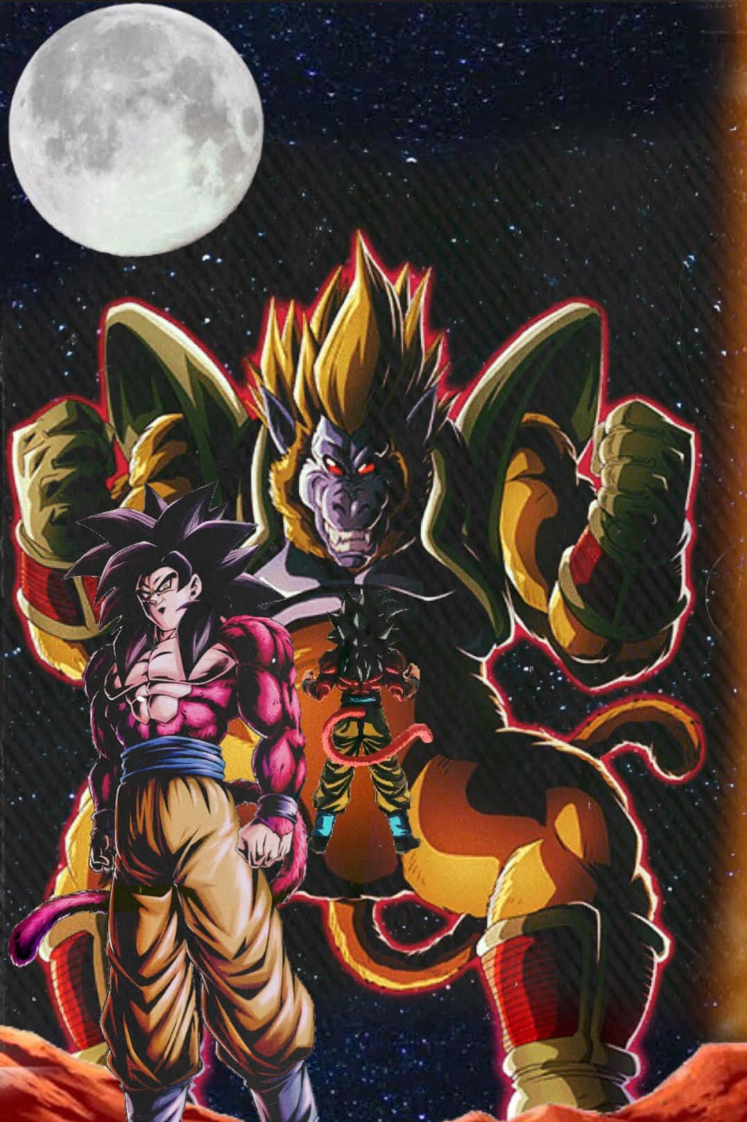 Great Ape 桌布 壁紙 — 兩位強大的動漫戰士站在一顆紅色星球上，在星空下襯托著一輪巨大的月亮。