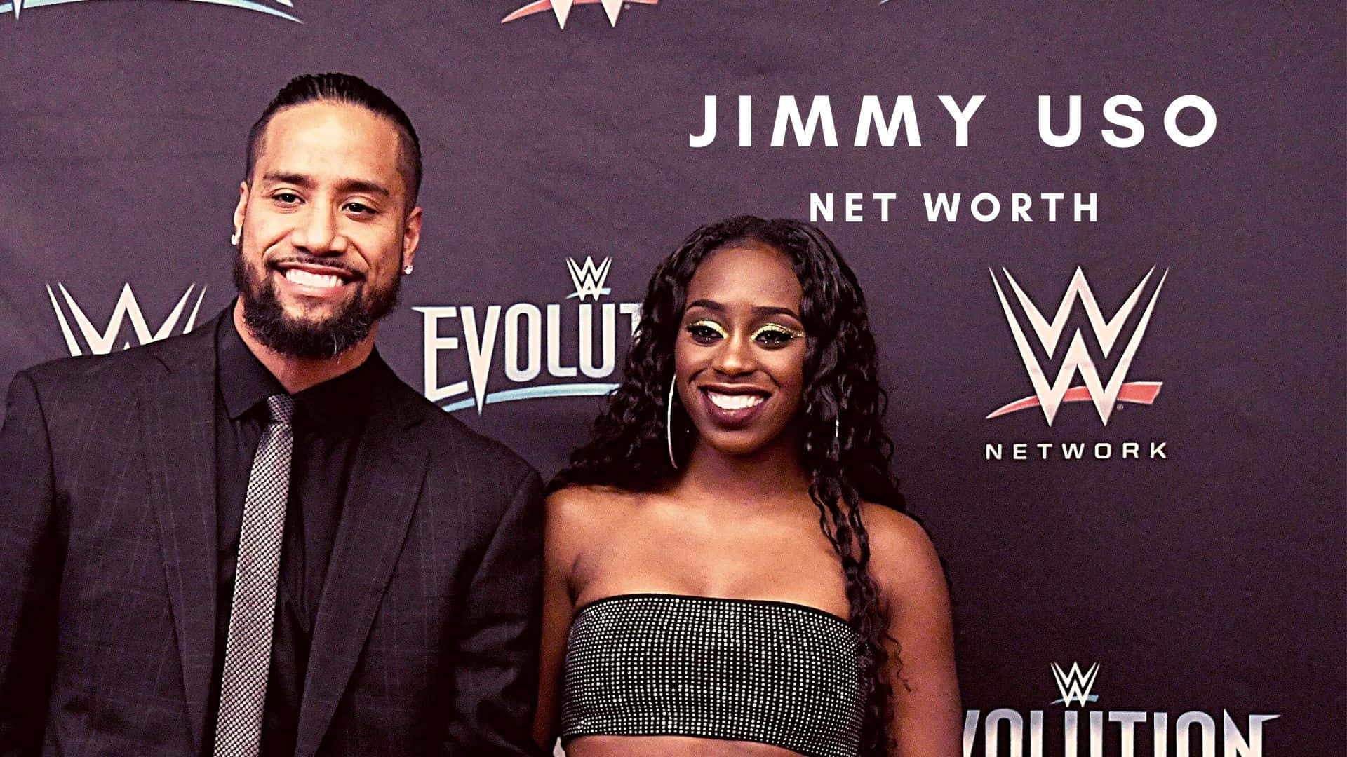 smiling 桌布 壁紙 — 兩位微笑的WWE人物在「Jimmy Uso Net Worth」活動中自信地擺姿勢，背景為品牌紫色背景。