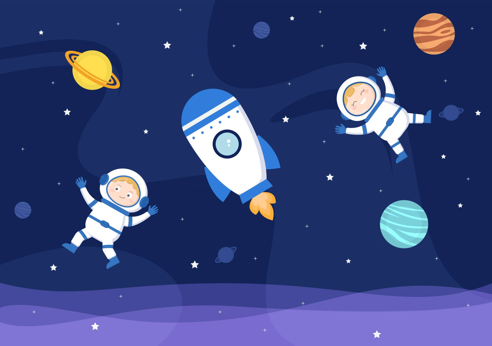 太空人 桌布 壁紙 — 兩位微笑的太空人愉快地漂浮在色彩繽紛的行星和星星之間，一艘火箭飛船在深藍色的太空中翱翔。