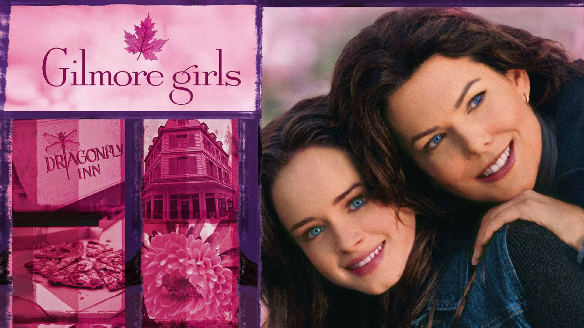 girls 桌布 壁紙 — 兩位微笑的女性在粉紅色調的城市場景拼貼畫和Gilmore Girls標誌前溫暖擁抱。