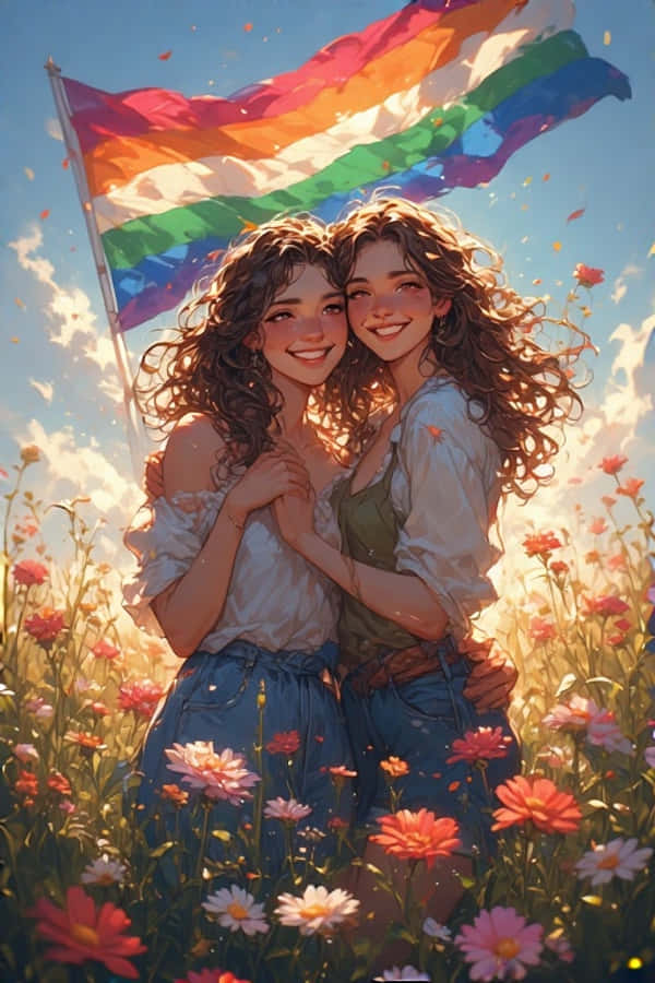 Lgbtq 桌布 壁紙 — 兩位微笑的女性在陽光明媚、色彩繽紛的花田中擁抱，上方飄揚著彩虹旗。