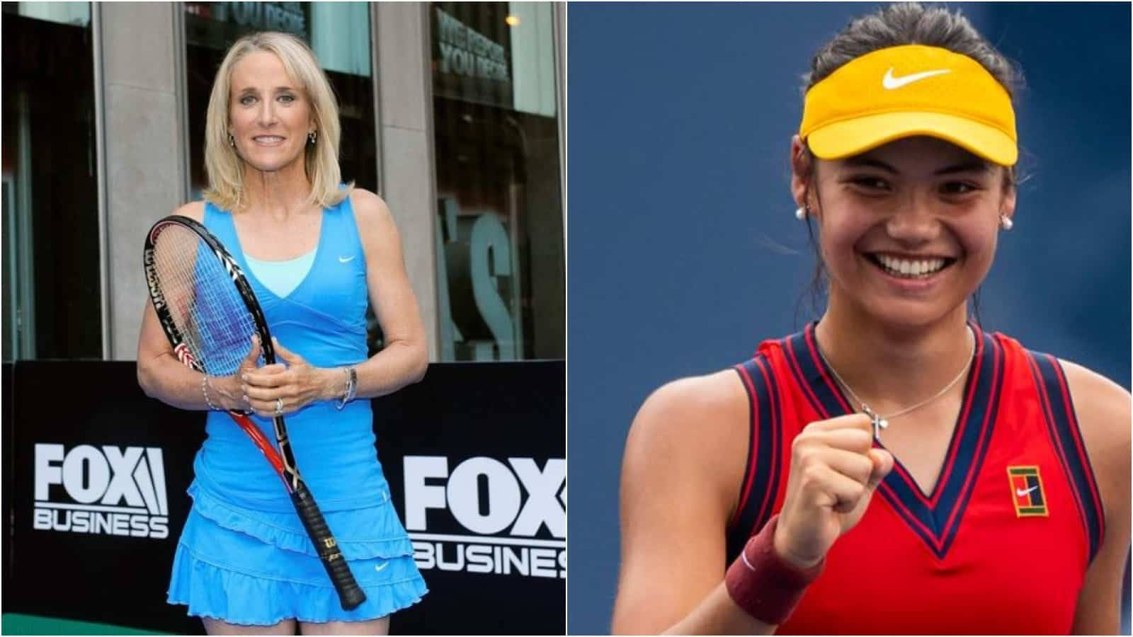 Tennis 桌布 壁紙 — 兩位微笑的女性網球選手，一位身穿藍色連衣裙，在Fox Business標誌旁拿著球拍，另一位身穿紅色運動服在球場上握拳。