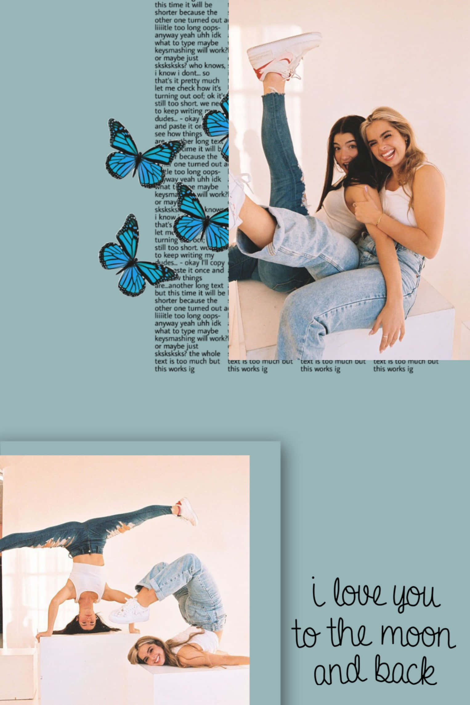 Charli And Addison 桌布 壁紙 — 兩位微笑的年輕女性在明亮的室內環境中，於帶有蝴蝶圖案和文字疊加的床上俏皮地擺姿勢。