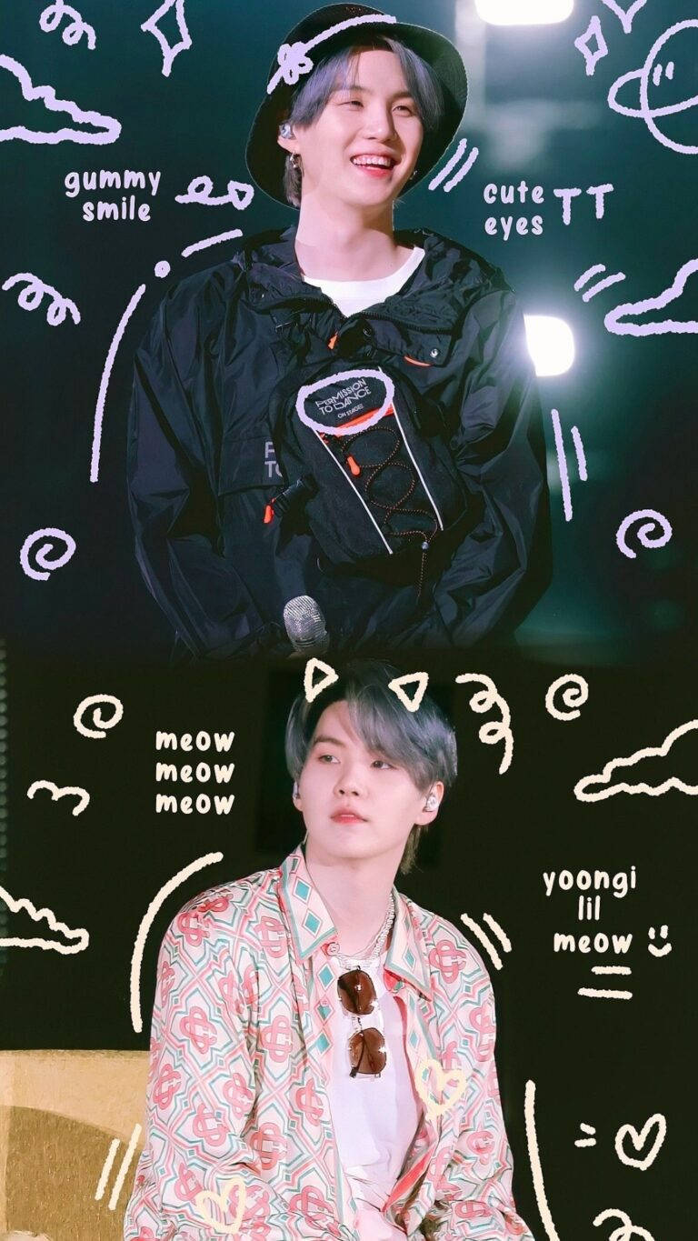 Cute Bts 桌布 壁紙 — 兩位微笑的年輕男士穿著時尚服裝，在深色背景上帶有俏皮的白色塗鴉和文字疊加。