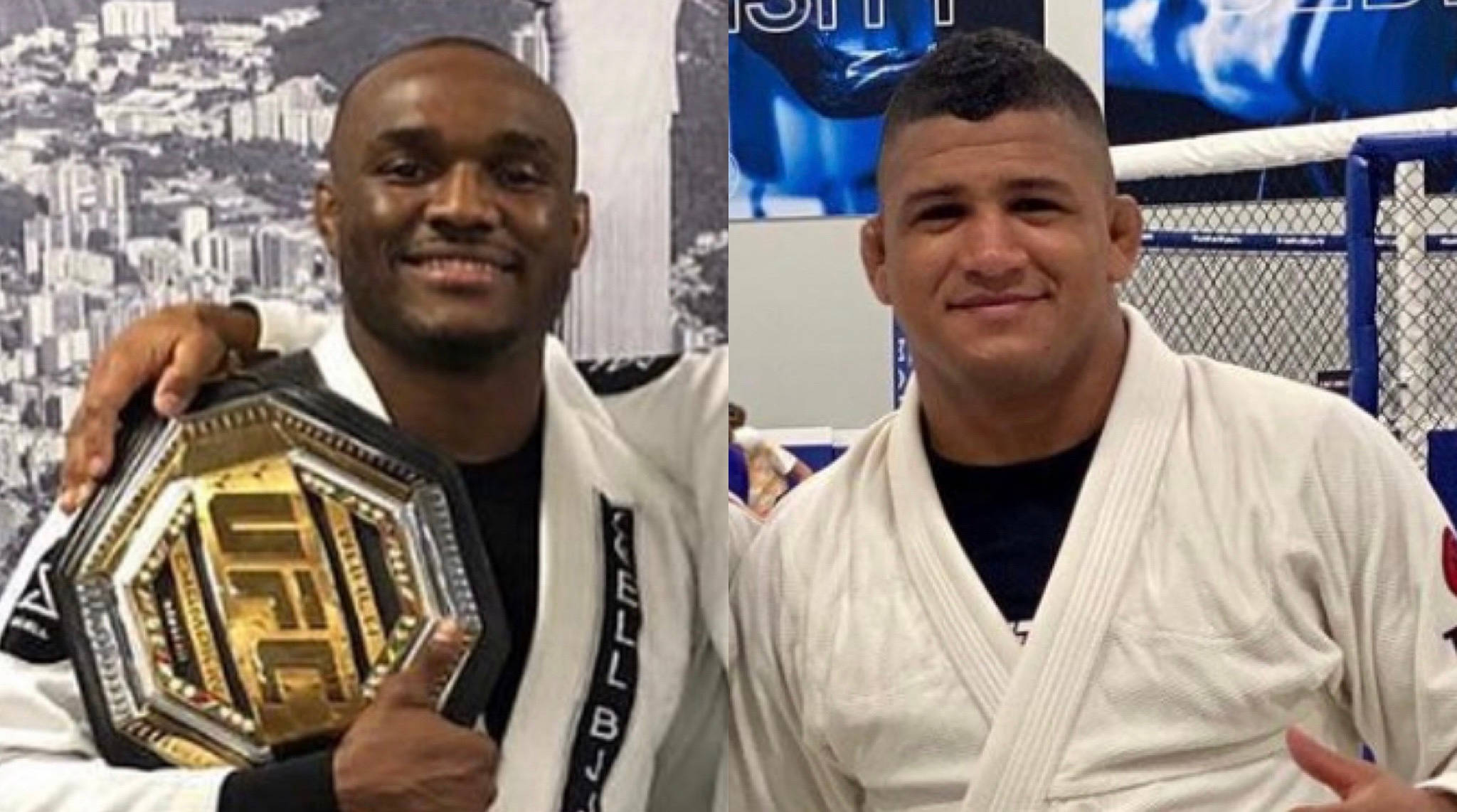 MMA 桌布 壁紙 — 兩位微笑的混合武術家穿著白色道服一起擺姿勢，其中一人手持金色UFC冠軍腰帶。