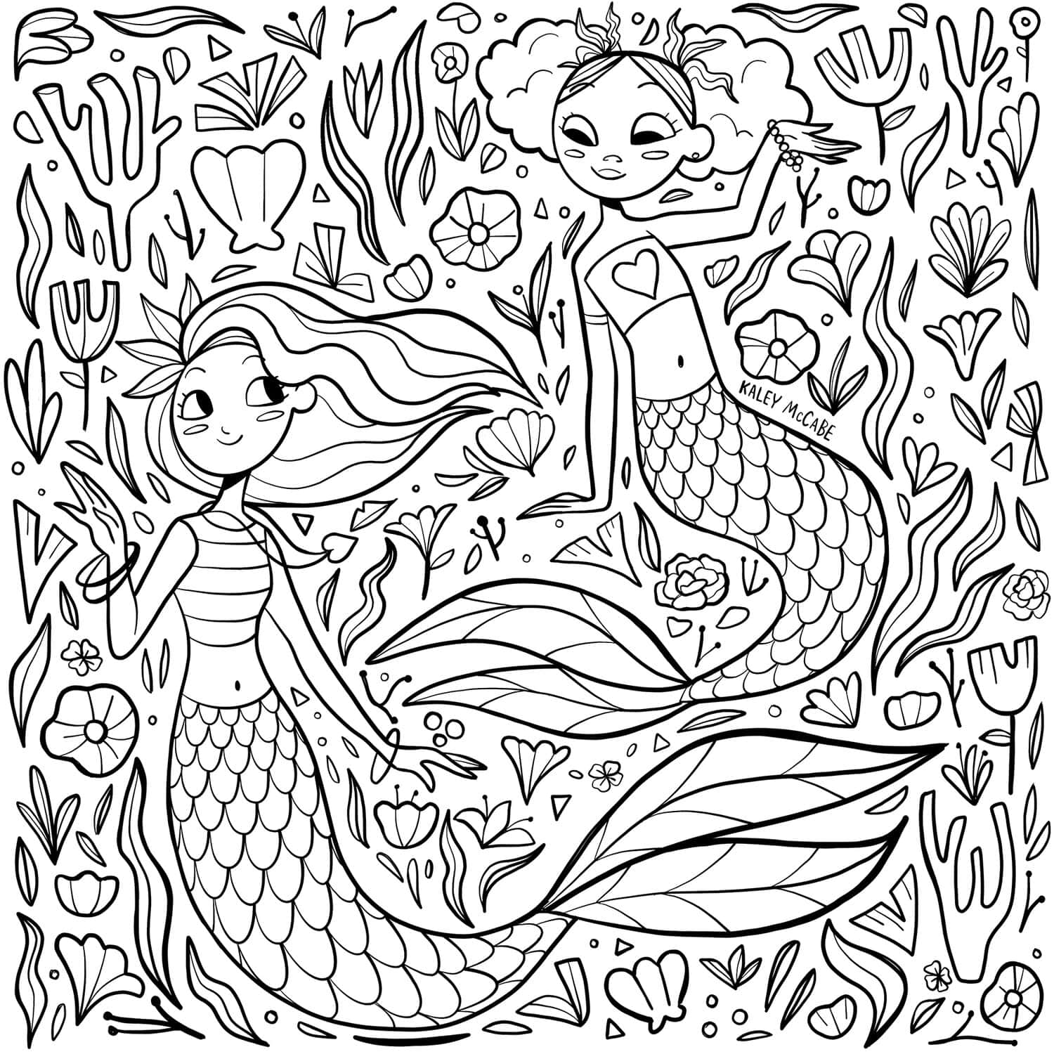 Mermaid Coloring 桌布 壁紙 — 兩位微笑的美人魚，擁有飄逸的頭髮和鱗片尾巴，在珊瑚和海花之間游動，呈現出一幅奇幻的黑白線條畫。