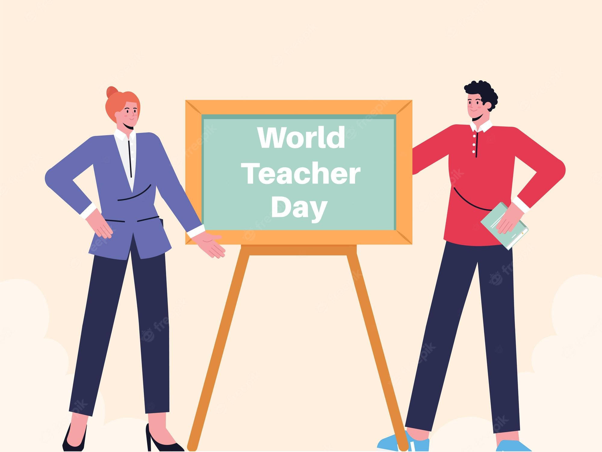 Work 桌布 壁紙 — 兩位微笑的老師自豪地站在黑板旁，黑板上顯示「World Teacher Day」，場景歡樂插圖。