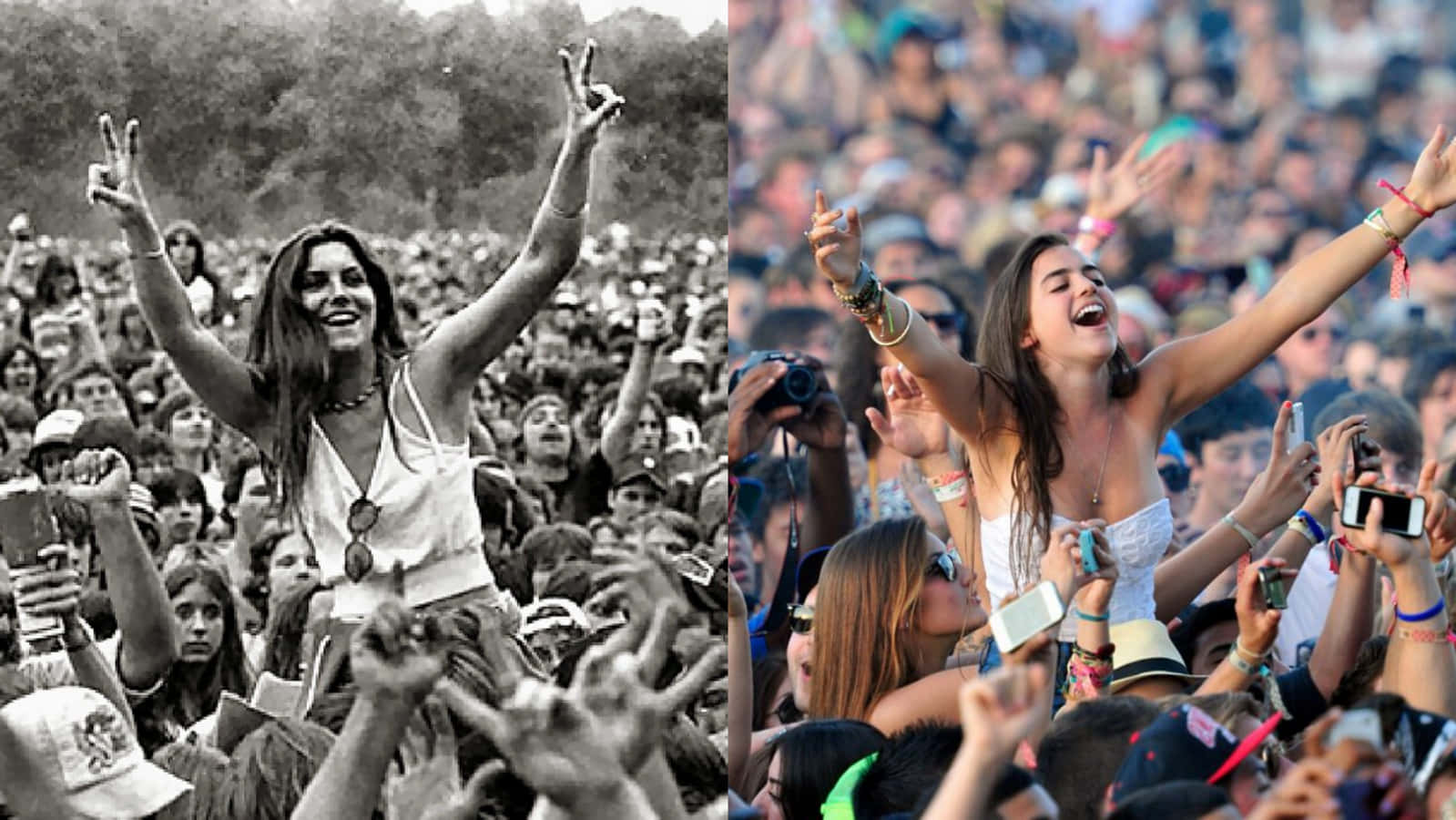 woodstock 桌布 壁紙 — 兩位快樂的女性在音樂節的人群中，一位黑白，另一位彩色，兩人都舉起手臂慶祝。