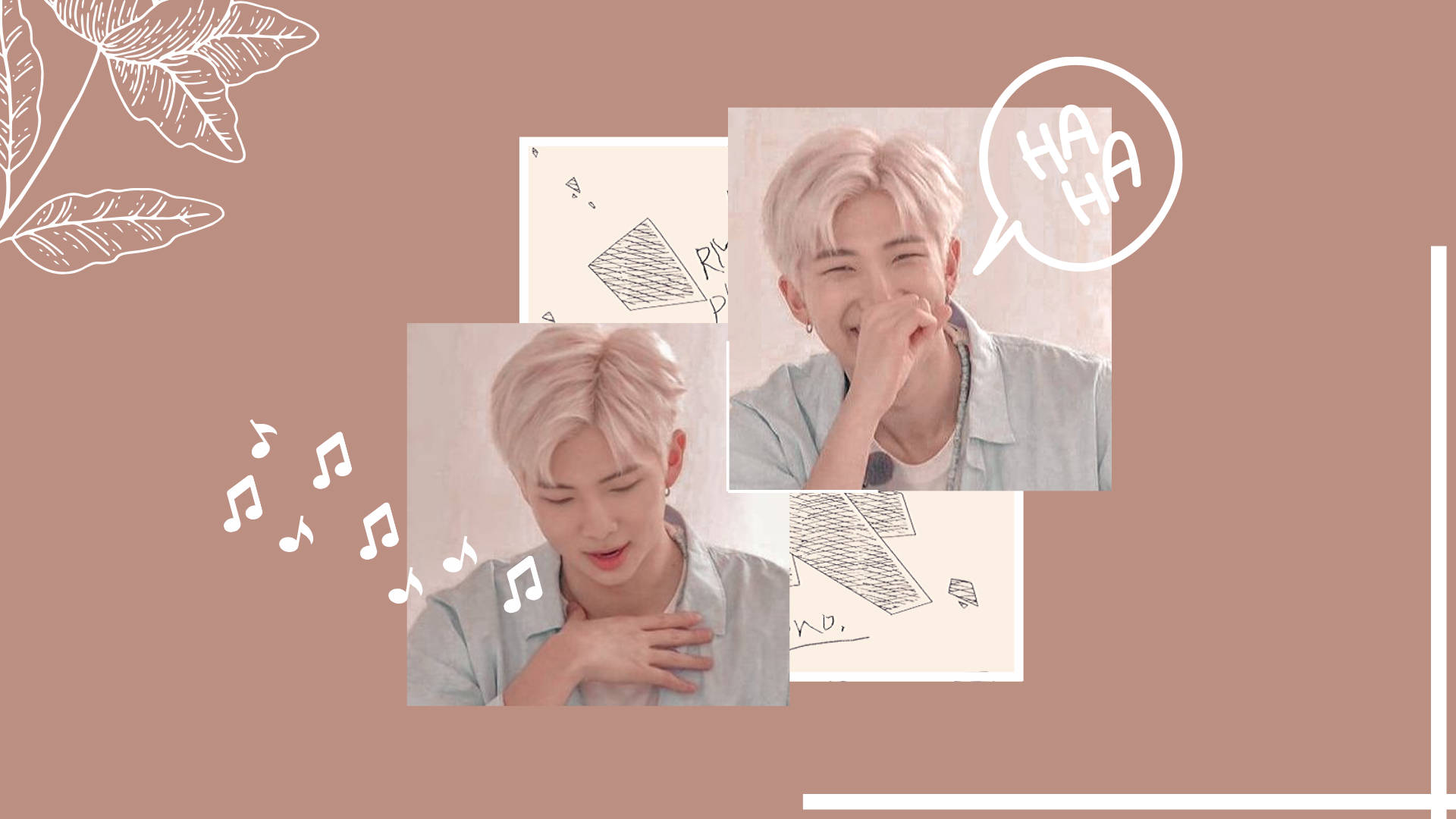 Pinterest Aesthetic 桌布 壁紙 — 兩位快樂的年輕男子留著白金髮色，在柔和的紫紅色背景上，伴隨著音符和素描風格的樹葉，嬉戲地大笑。