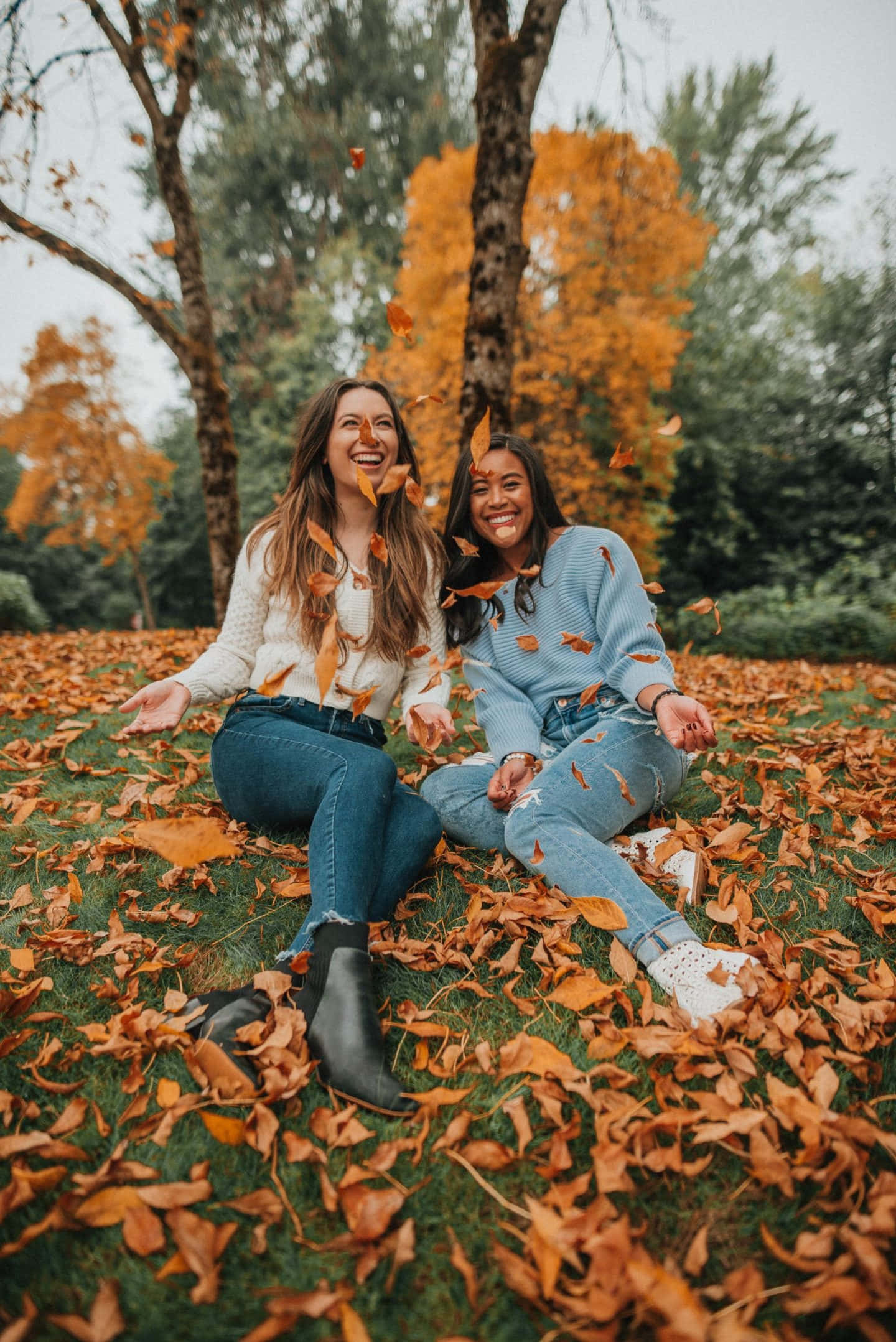 Friends 桌布 壁紙 — 兩位快樂的朋友在公園草地上大笑，秋葉在他們周圍旋轉。
