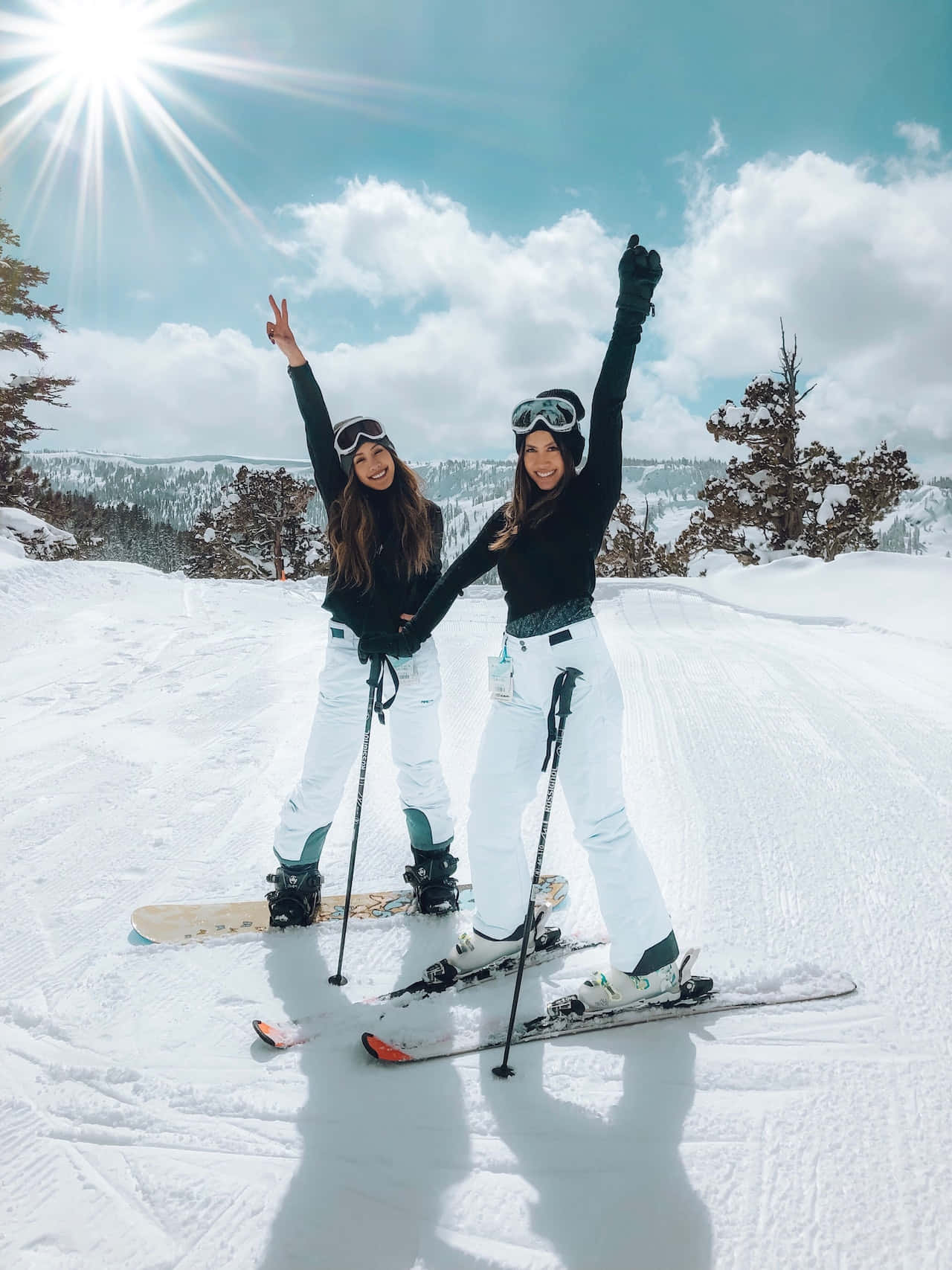 ski 桌布 壁紙 — 兩位快樂的滑雪者在陽光明媚的雪坡上擺出勝利姿勢，背景有松樹和遠處的山脈，天空湛藍。